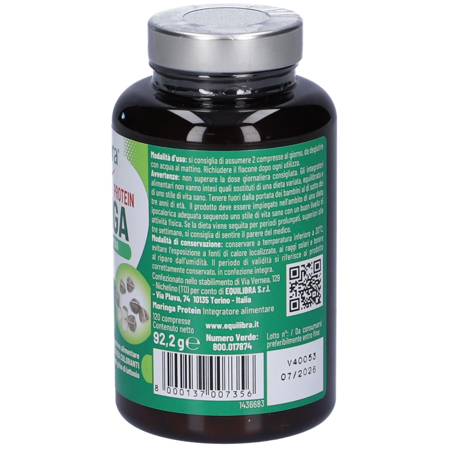 Retro del flacone. Informazioni testuali, codice QR e data di scadenza 07/2026. Contiene 120 compresse, 92,2g.