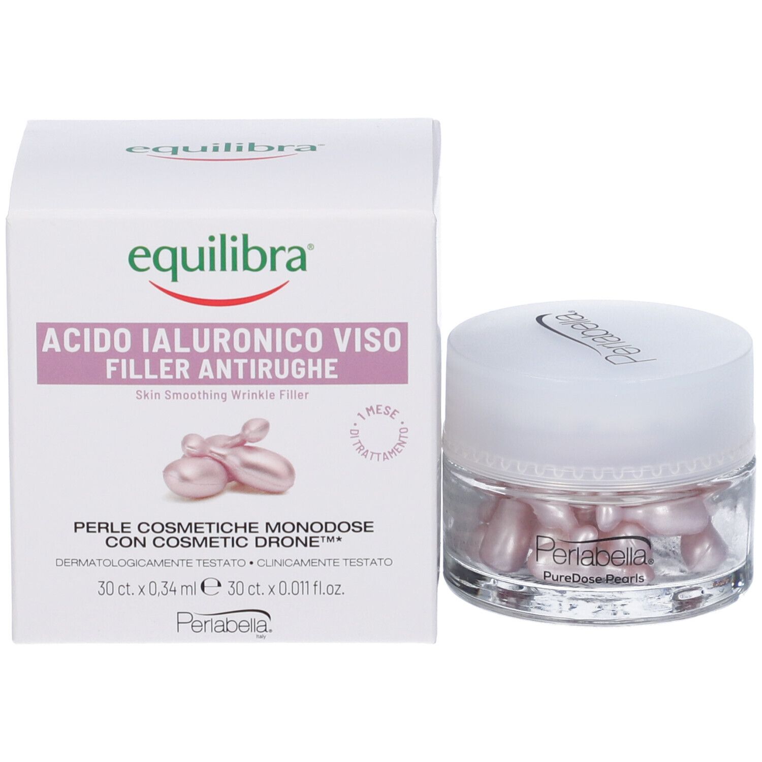 Confezione e vasetto con capsule rosa. Sulla confezione, la scritta "Equilibra Acido Ialuronico Viso Filler Antirughe".