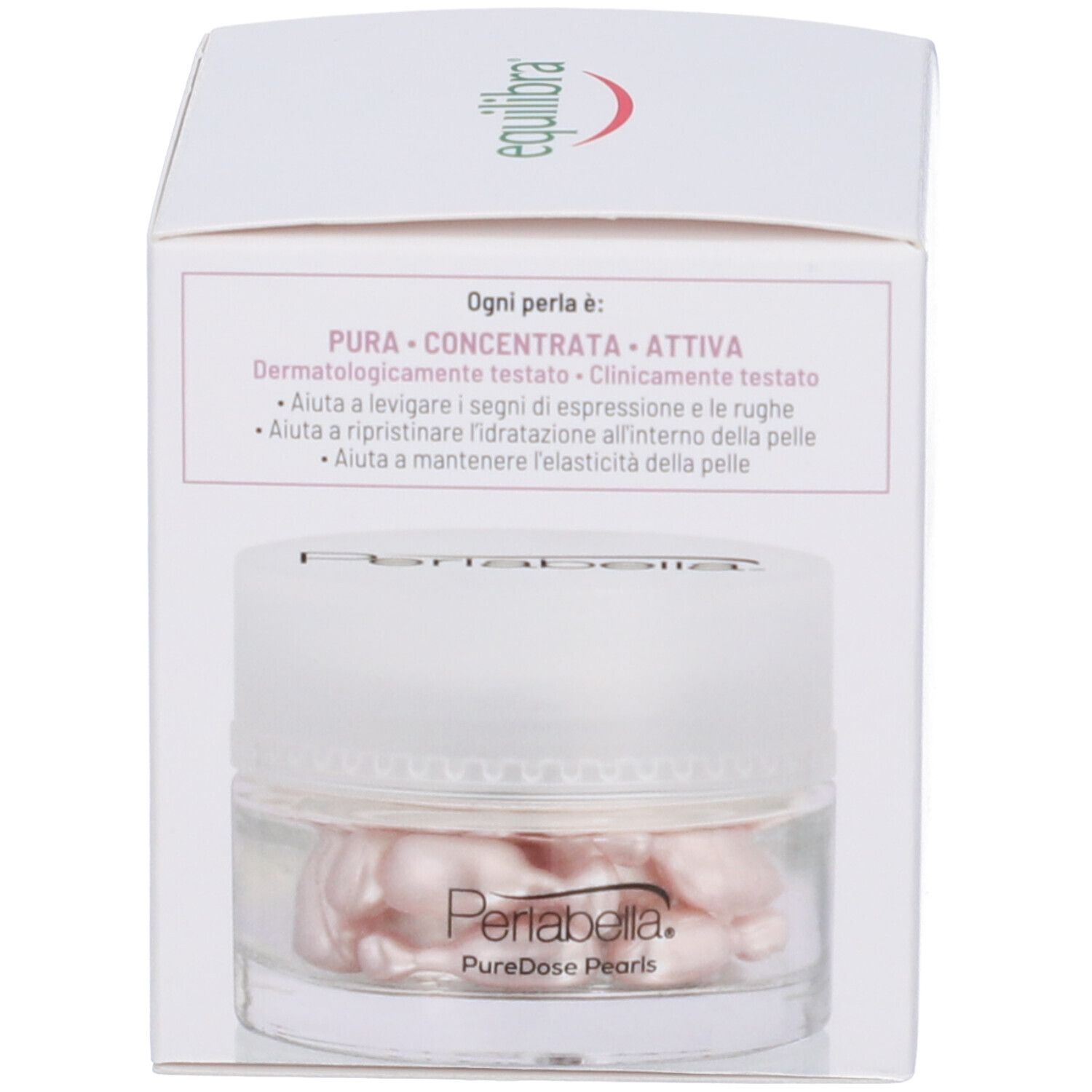 Vasetto con capsule rosa, parzialmente coperto dalla confezione. Sul coperchio, la scritta "Perlabella".
