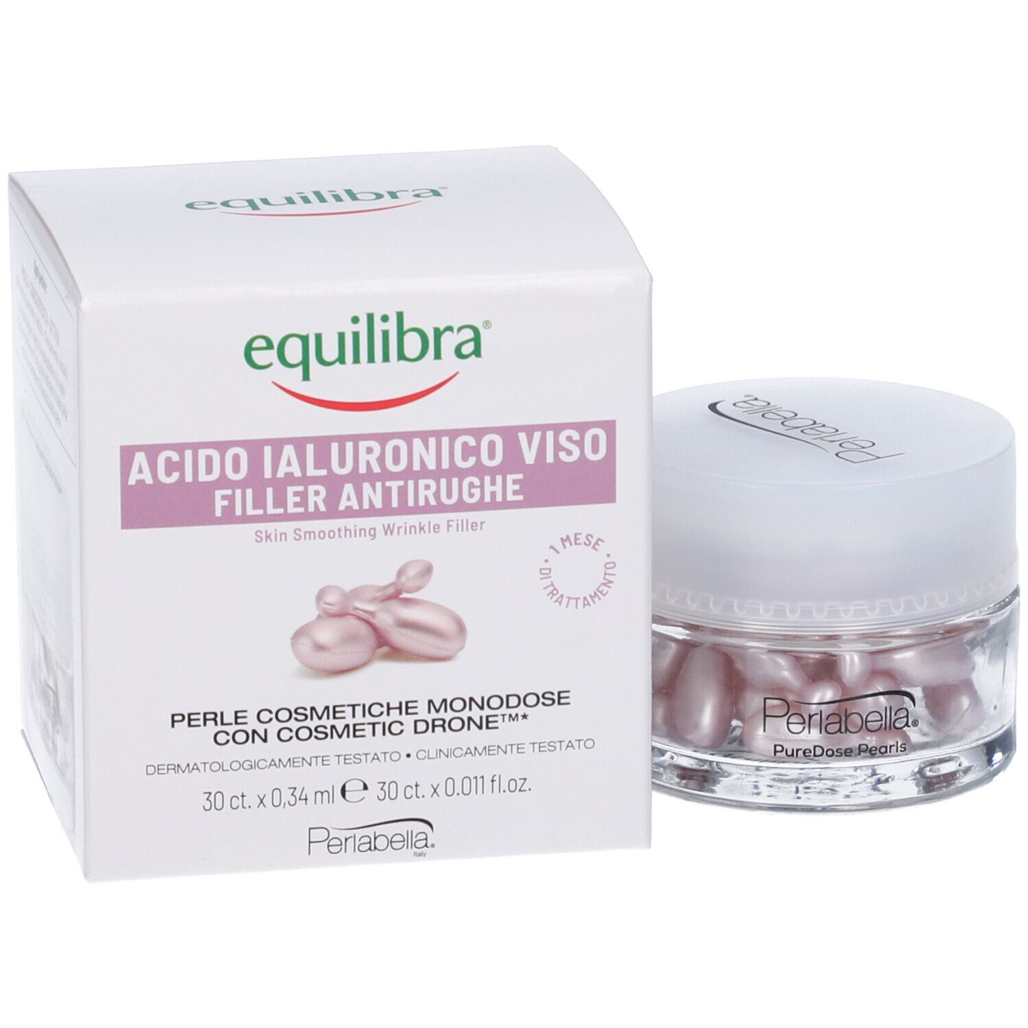 Confezione e vasetto con capsule rosa. Sulla confezione, la scritta "Equilibra Acido Ialuronico Viso Filler Antirughe".