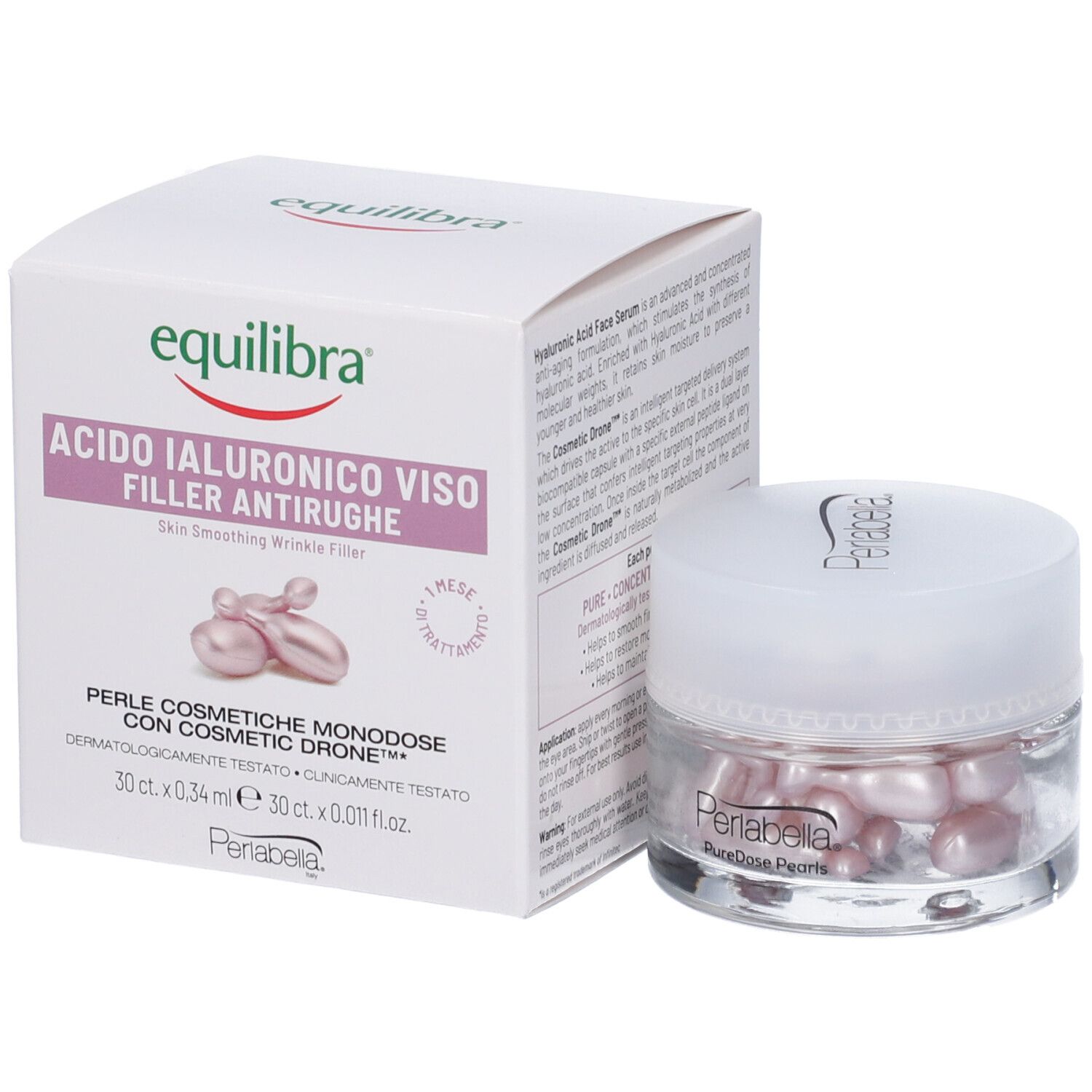 Confezione e vasetto con capsule rosa. Sulla confezione, la scritta "Acido Ialuronico Viso Filler Antirughe".