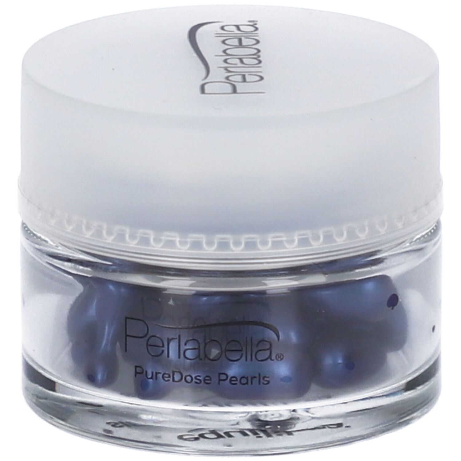 Vasetto di vetro con perle blu. Coperchio con scritta Perlabella. Scritta PureDose Pearls.