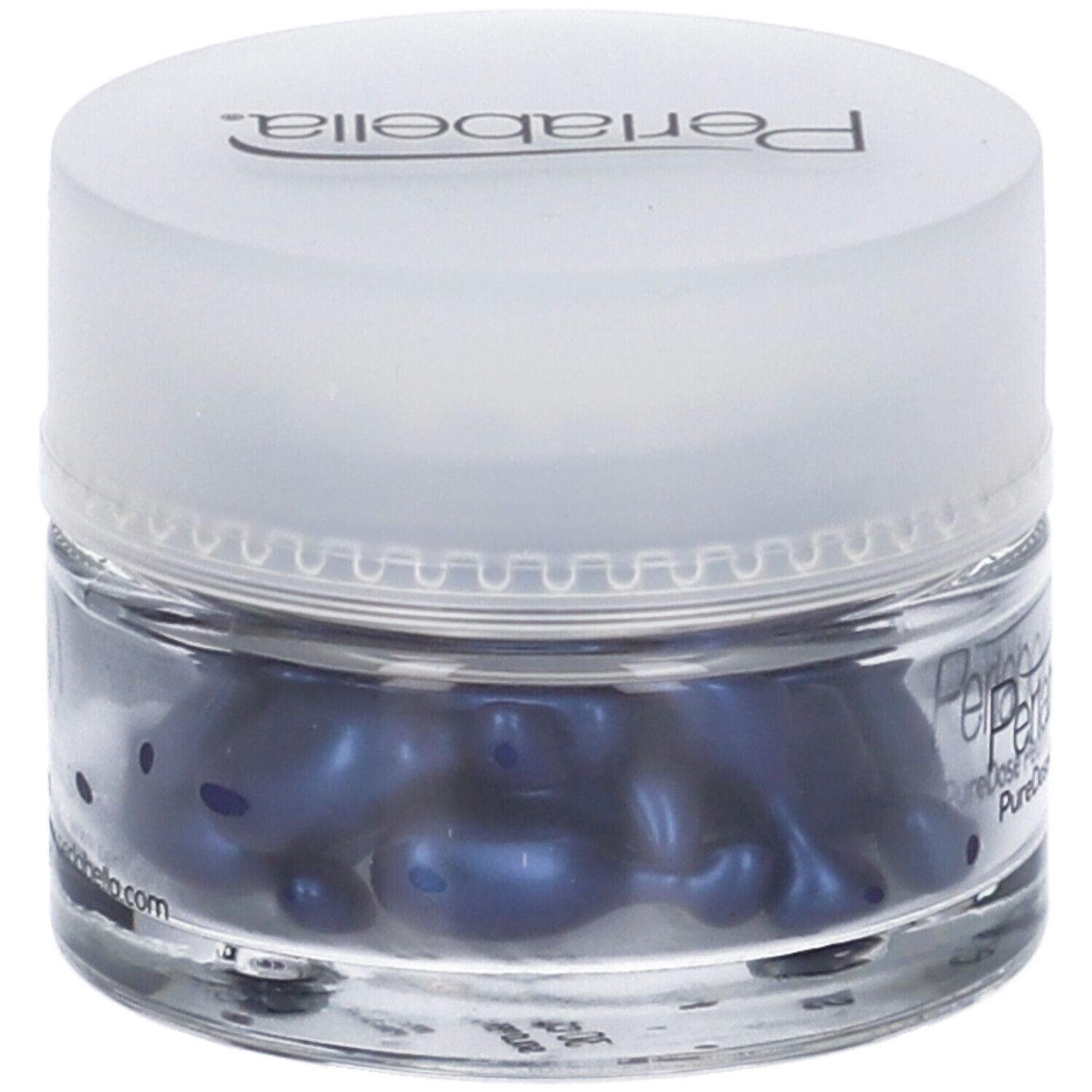 Vasetto di vetro con perle blu. Coperchio con scritta Perlabella. Scritta PureDose Pearls.