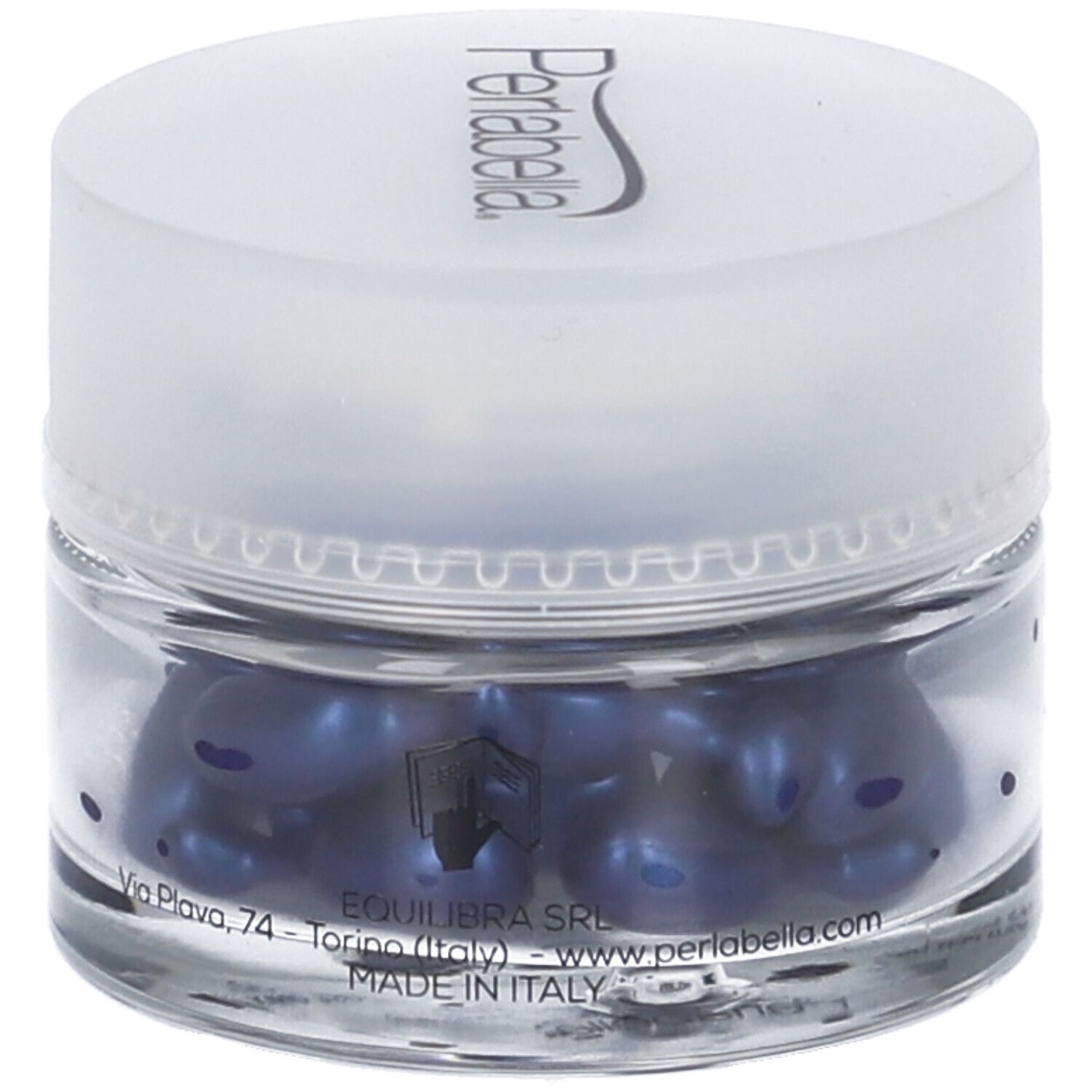 Vasetto di vetro con perle blu. Coperchio Perlabella. Scritta PureDose Pearls. Testo: Equilibra SRL, Via Plava, 74, Torino, Made in Italy.