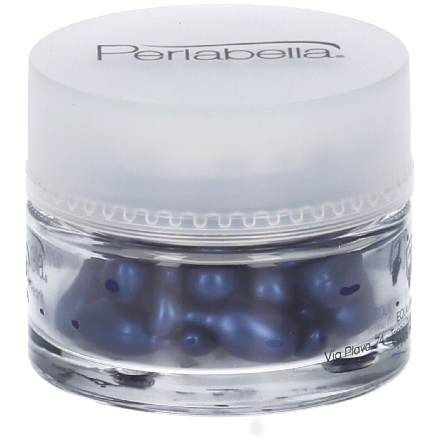 Vasetto di vetro con perle blu. Coperchio con scritta Perlabella. Scritta PureDose Pearls.