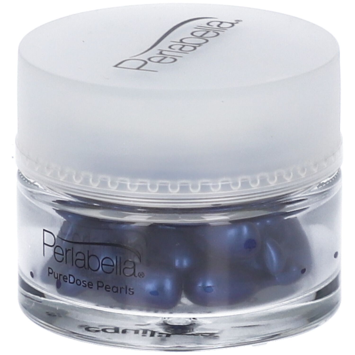 Vasetto di vetro con perle blu. Coperchio con scritta Perlabella. Scritta PureDose Pearls.