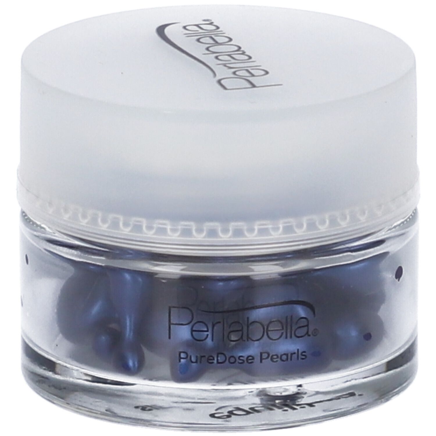 Vasetto di vetro con perle blu. Coperchio con scritta Perlabella. Scritta PureDose Pearls.