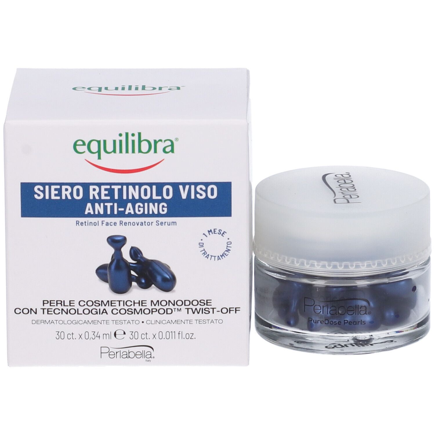 Confezione prodotto con vasetto di vetro e perle blu. Scritta Equilibra, Siero Retinolo Viso Anti-Aging, Perlabella PureDose Pearls.