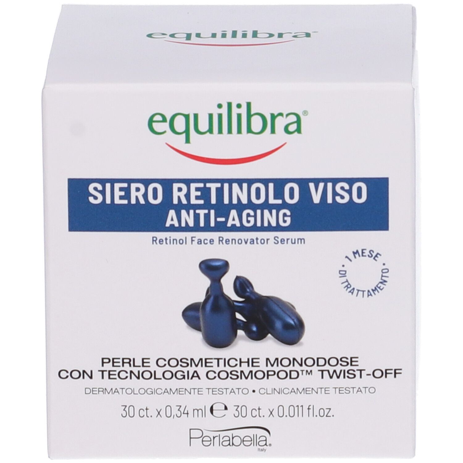 Confezione prodotto con testo blu: Equilibra, Siero Retinolo Viso Anti-Aging, Perle cosmetiche monodose.