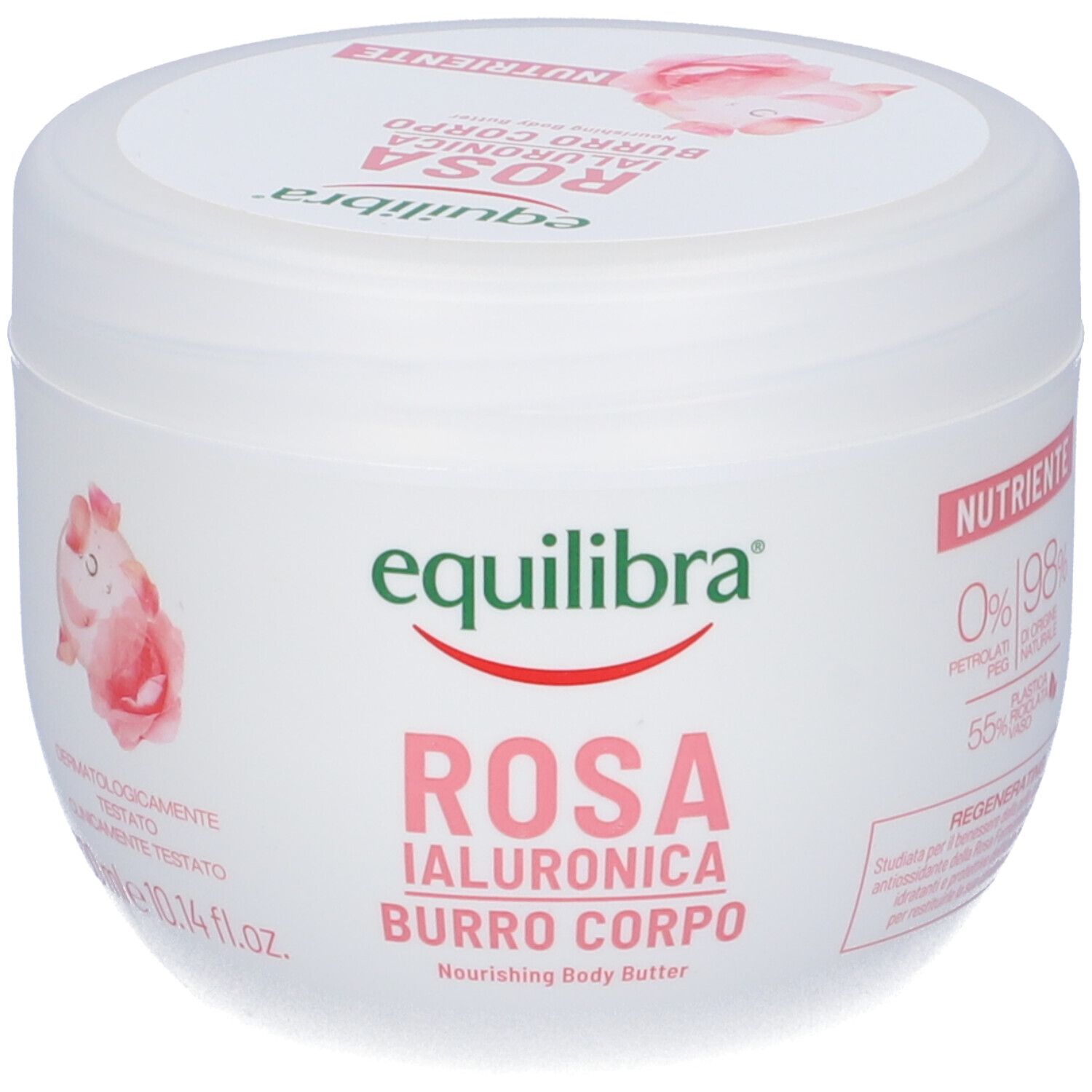 Vaso bianco con stampa rosa. Testo: Equilibra Rosa Ialuronica Burro Corpo. Coperchio con motivo rosa.