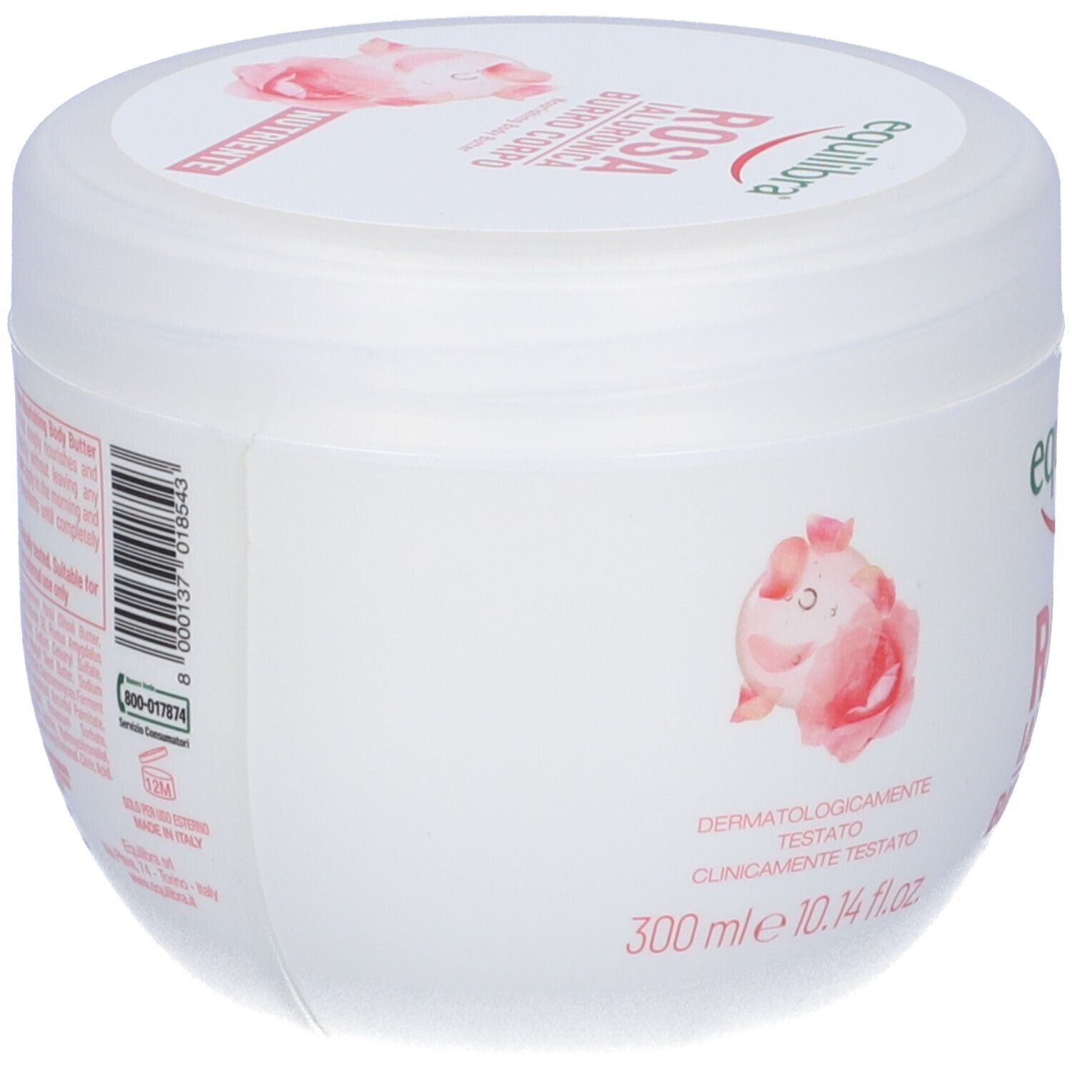 Vaso bianco, vista laterale. Stampa rosa e testo: Equilibra Rosa Ialuronica Burro Corpo. 300 ml.