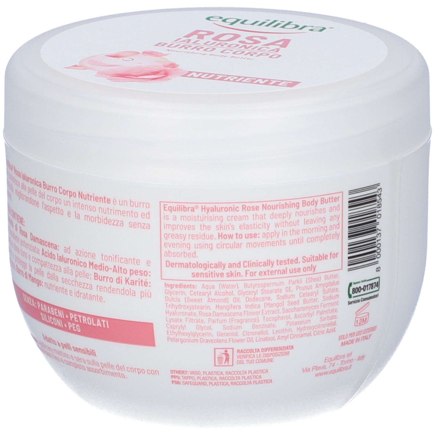 Vaso bianco, retro. Testo: Equilibra Rosa Ialuronica Burro Corpo. Ingredienti e istruzioni per l'uso.