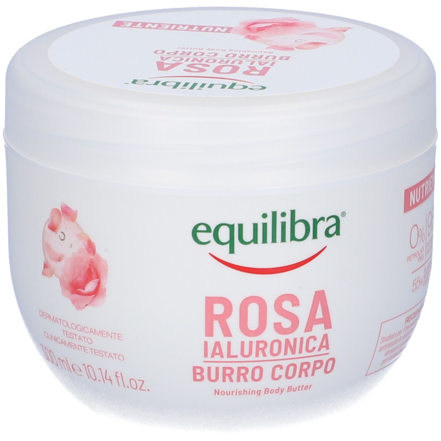 Vaso bianco con stampa rosa. Testo: Equilibra Rosa Ialuronica Burro Corpo. Motivo rosa e logo.