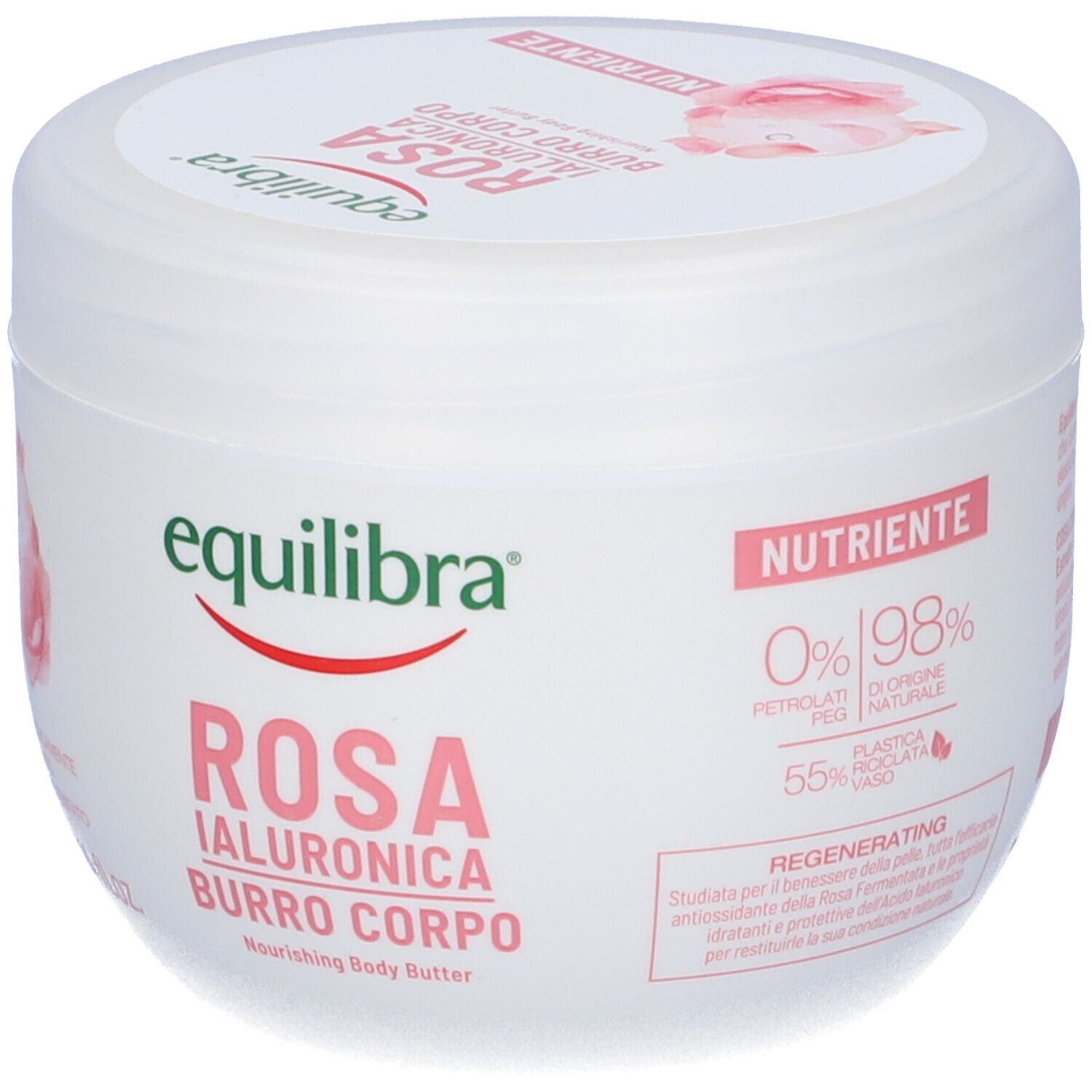 Vaso bianco con stampa rosa. Testo: Equilibra Rosa Ialuronica Burro Corpo. Logo e informazioni sugli ingredienti.