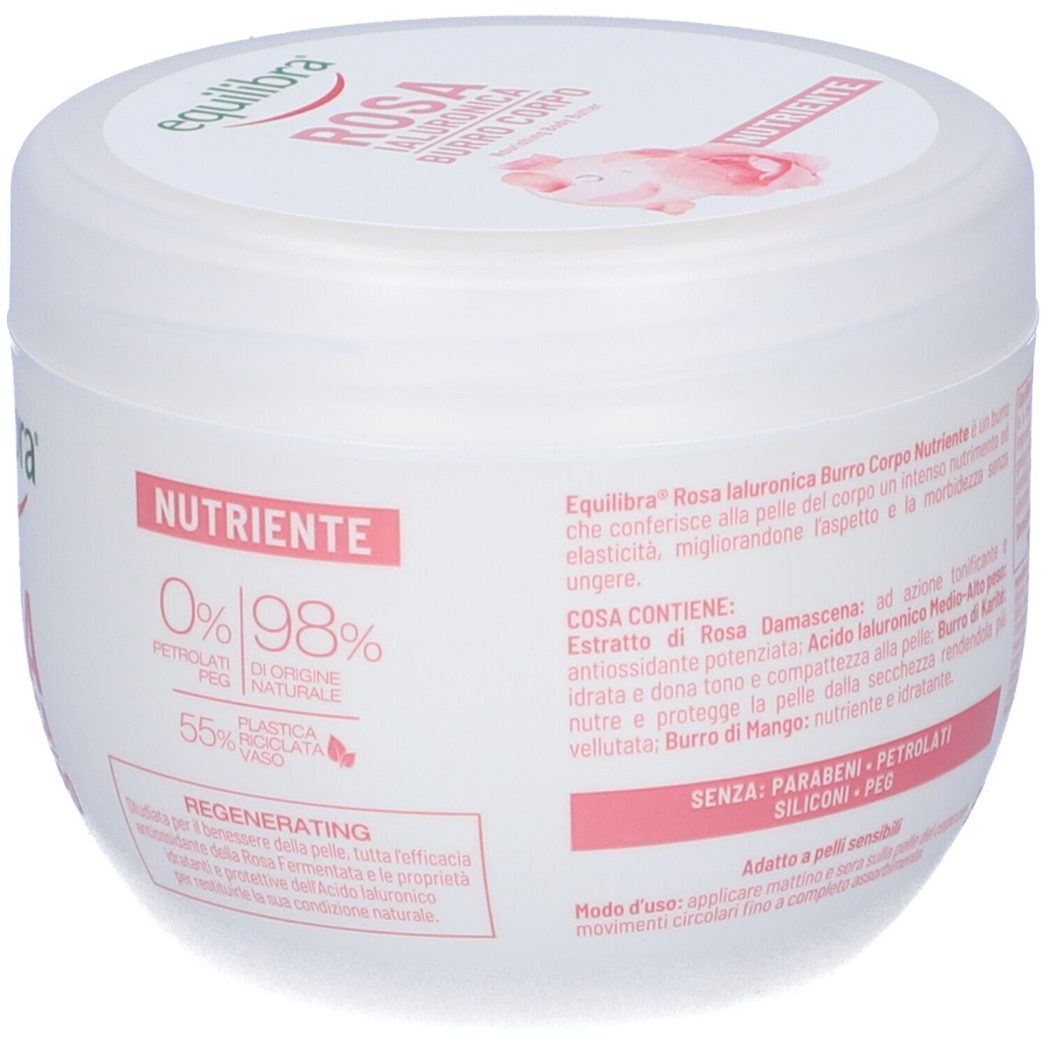 Vaso bianco, retro. Testo: Equilibra Rosa Ialuronica Burro Corpo. Ingredienti e certificazioni.
