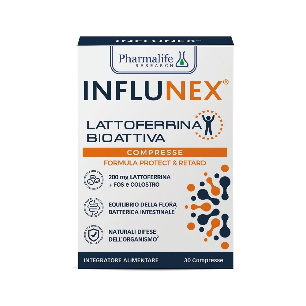 Scatola del prodotto. Scritto: Influnex, Lattoferrina Bioattiva Compresse. Contiene 30 compresse.