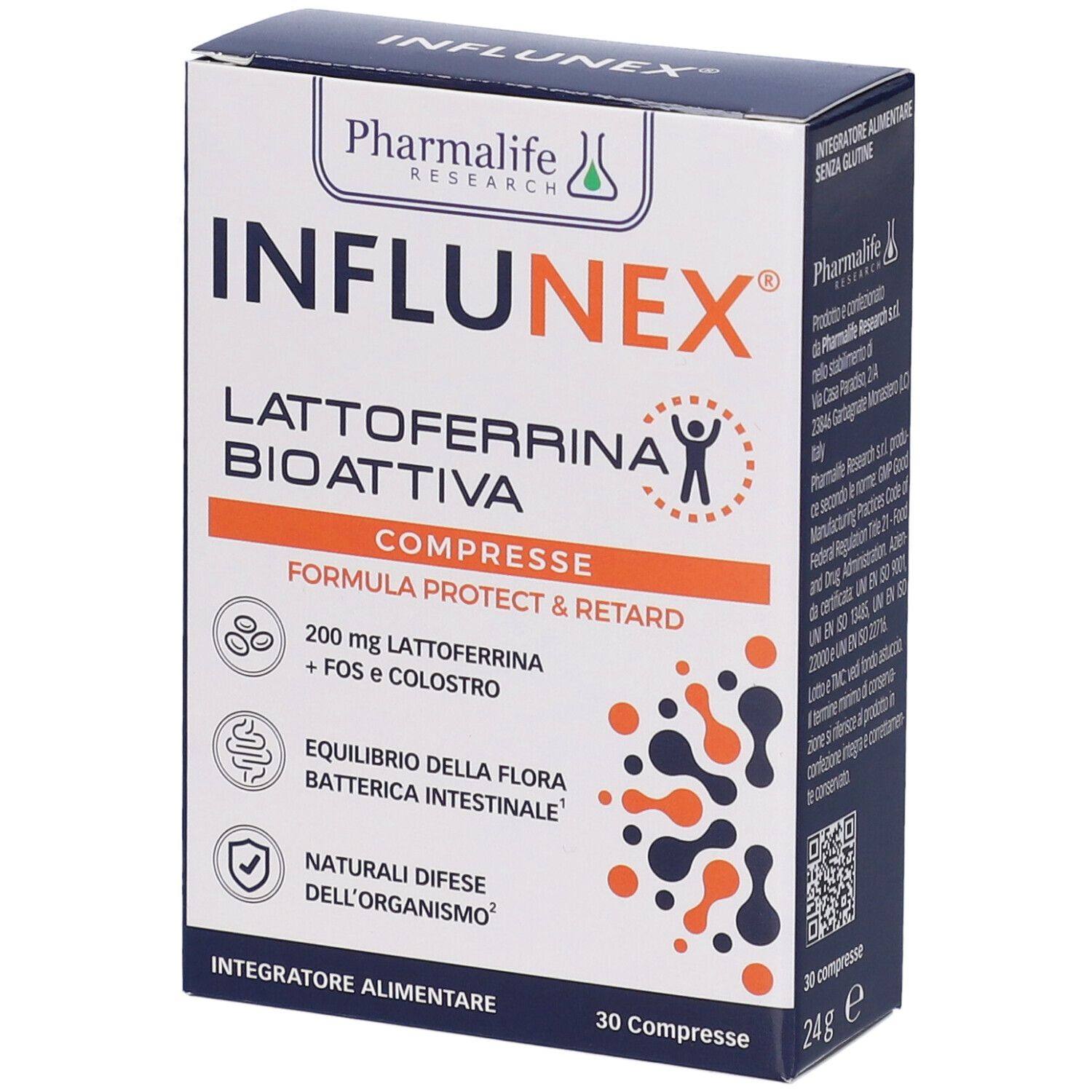 Confezione del prodotto. Scritto: Influnex, Lattoferrina Bioattiva Compresse. Contiene 30 compresse. 24g.