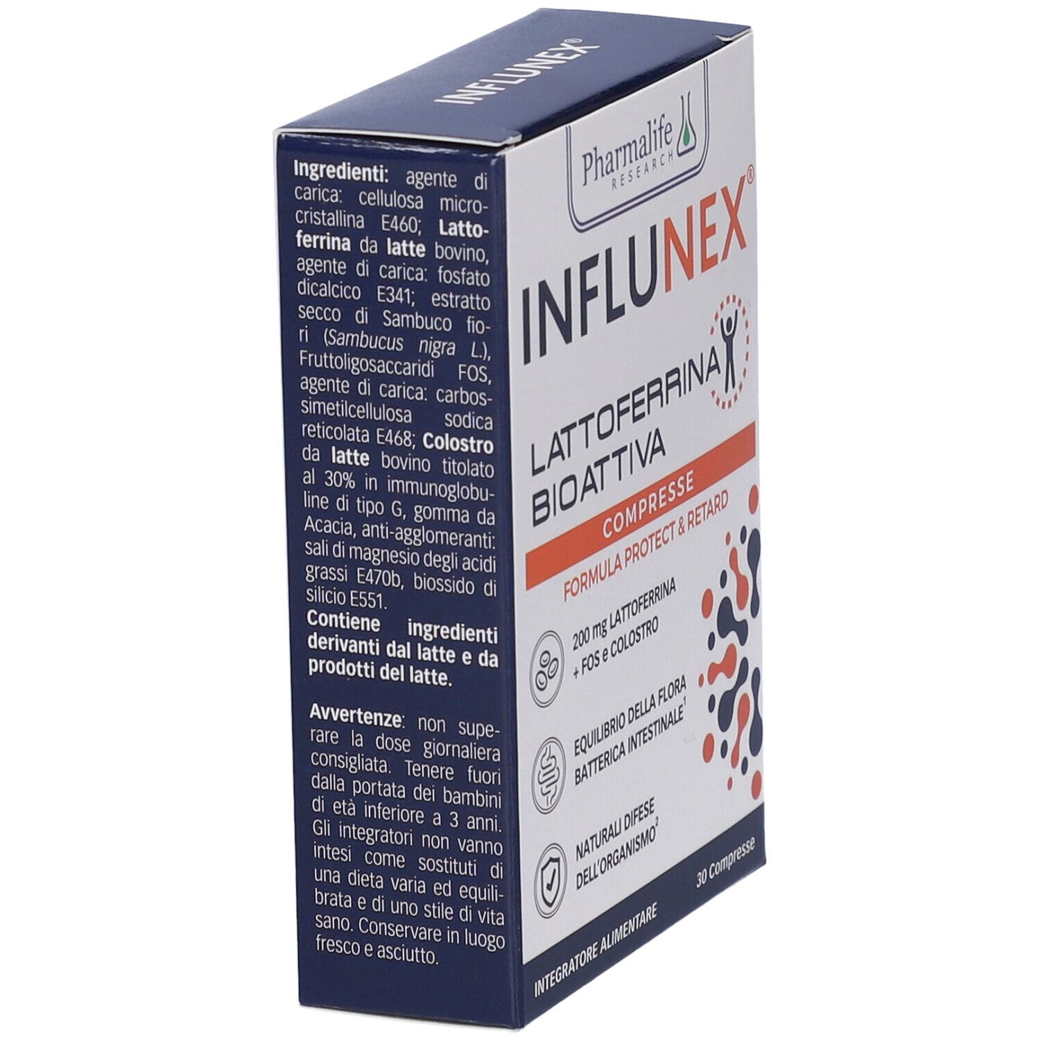 Confezione del prodotto. Scritto: Influnex, Lattoferrina Bioattiva Compresse. Contiene 30 compresse. Lista ingredienti.