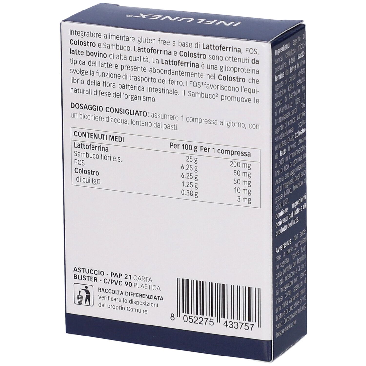 Confezione del prodotto. Scritto: Influnex, Lattoferrina Bioattiva Compresse. Contiene 30 compresse. Lista ingredienti.