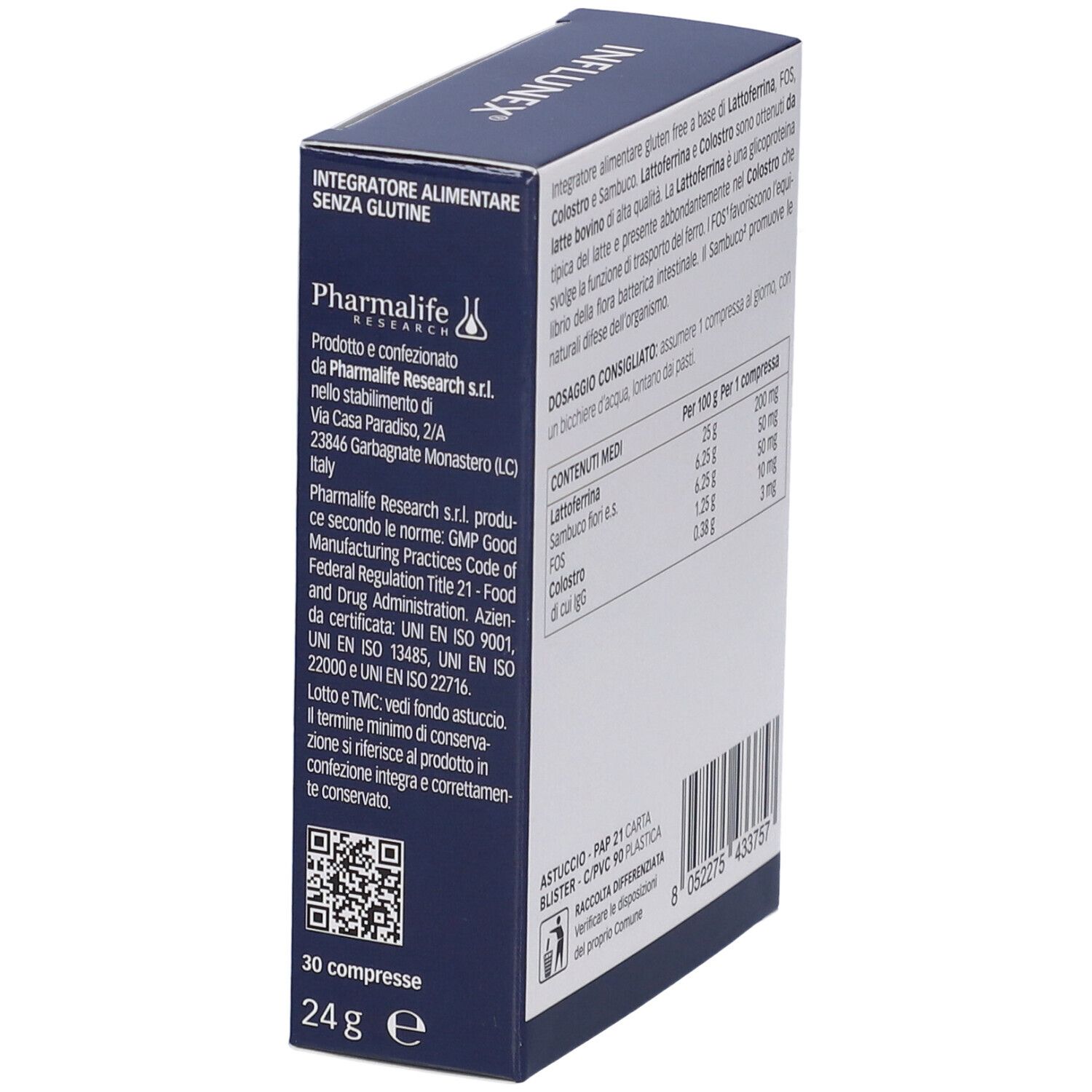 Confezione del prodotto. Scritto: Influnex, Lattoferrina Bioattiva Compresse. Contiene 30 compresse. 24g. Senza glutine.