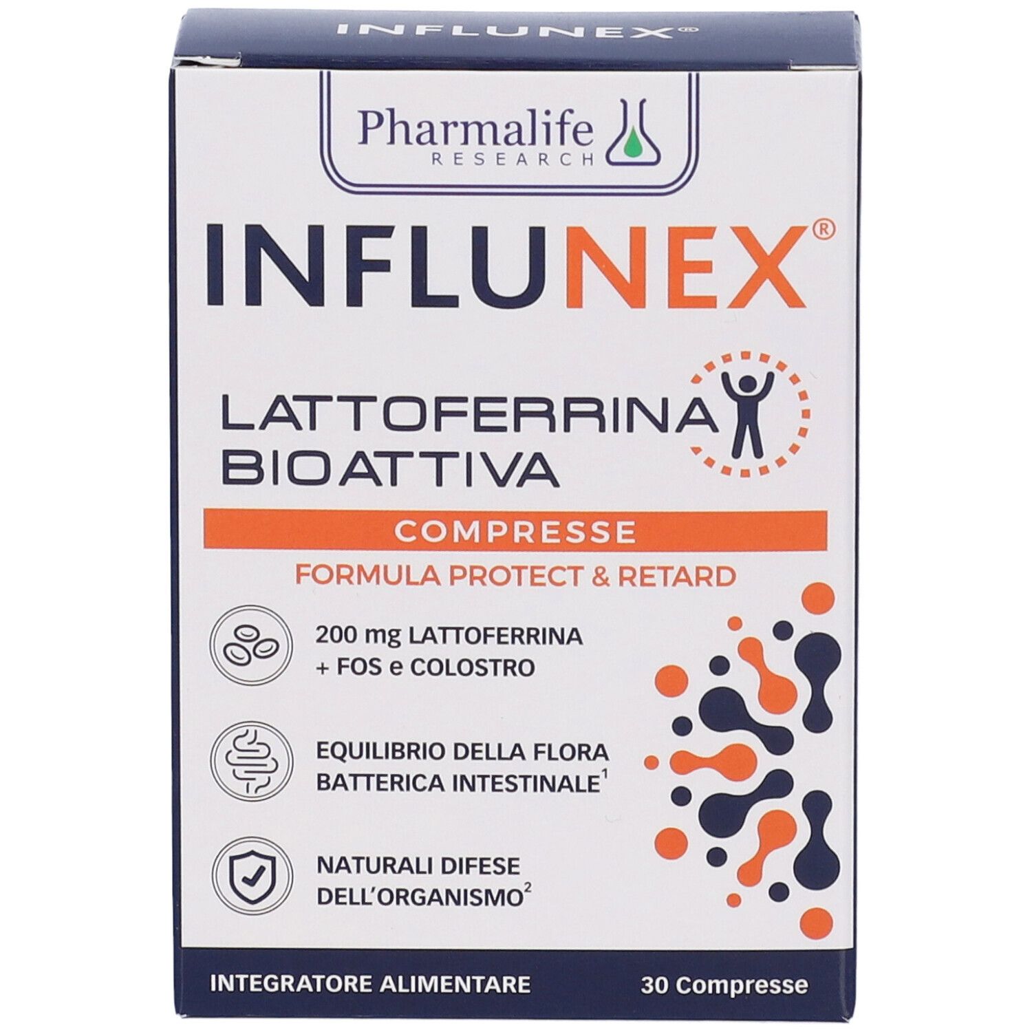 Confezione del prodotto. Scritto: Influnex, Lattoferrina Bioattiva Compresse. Contiene 30 compresse.