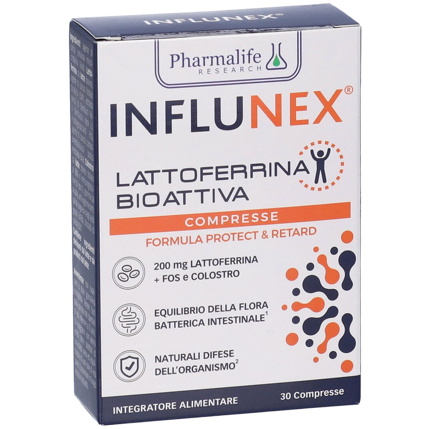 Confezione del prodotto. Scritto: Influnex, Lattoferrina Bioattiva Compresse. Contiene 30 compresse.