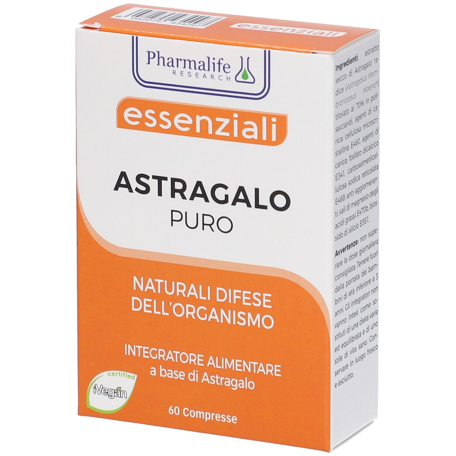 Scatola 'Astragalo Puro Compresse'. Design arancione e bianco. Logo 'PharmaLife Research'. 60 compresse. Certificazione vegana.