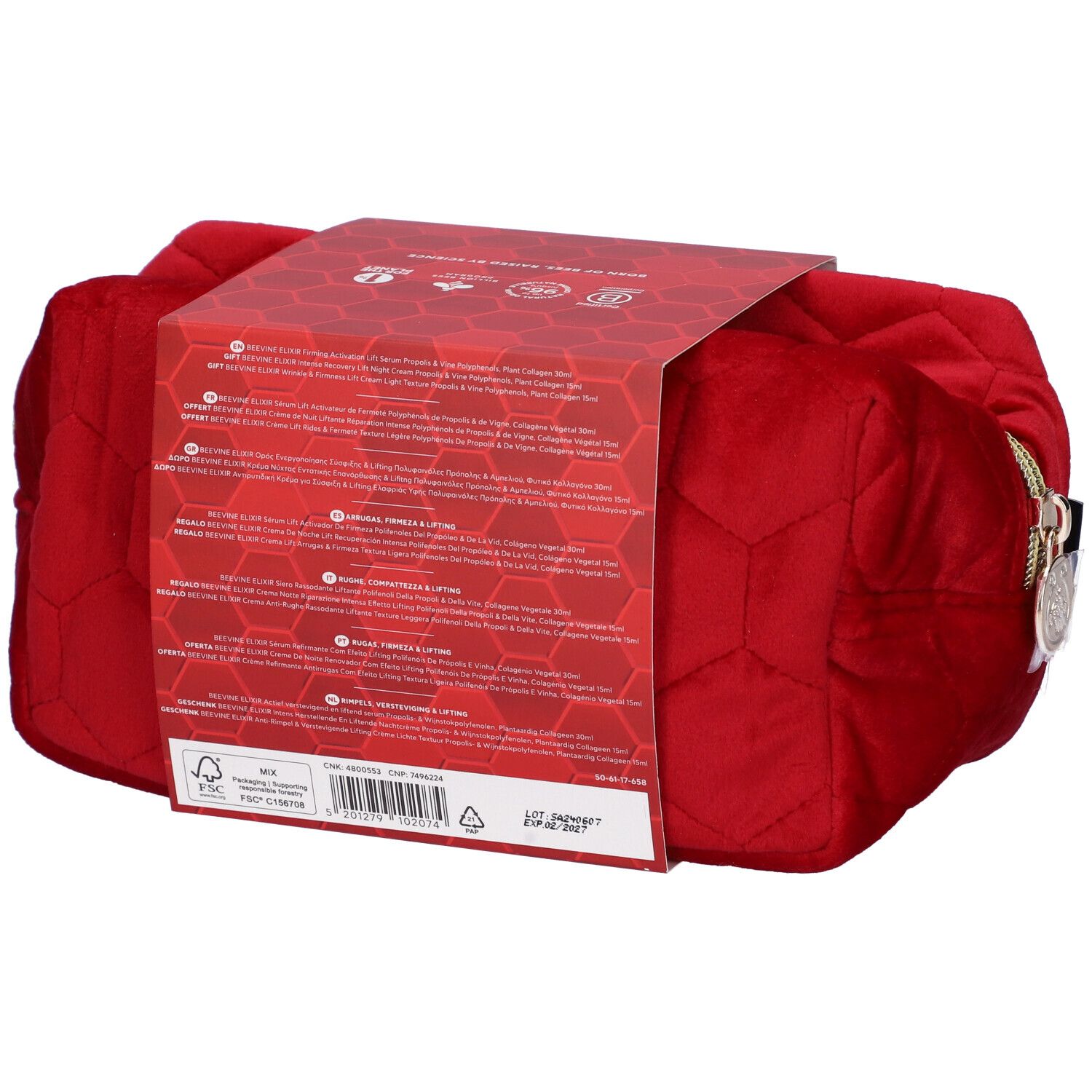 Borsetta rossa con confezione regalo. Retro con testo e loghi. Certificazione FSC.