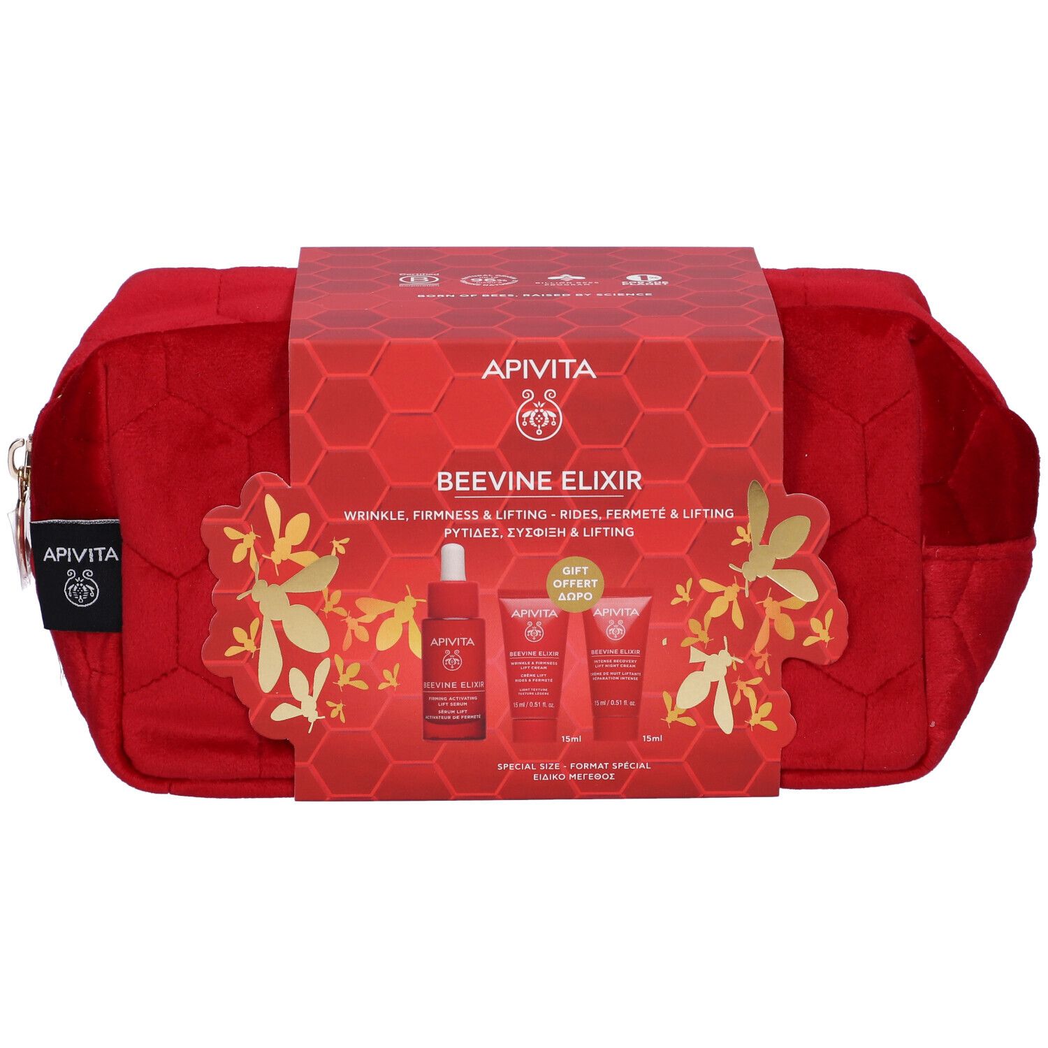 Borsetta rossa con confezione regalo. Apivita Beevine Elixir. Contiene siero, crema e crema notte.
