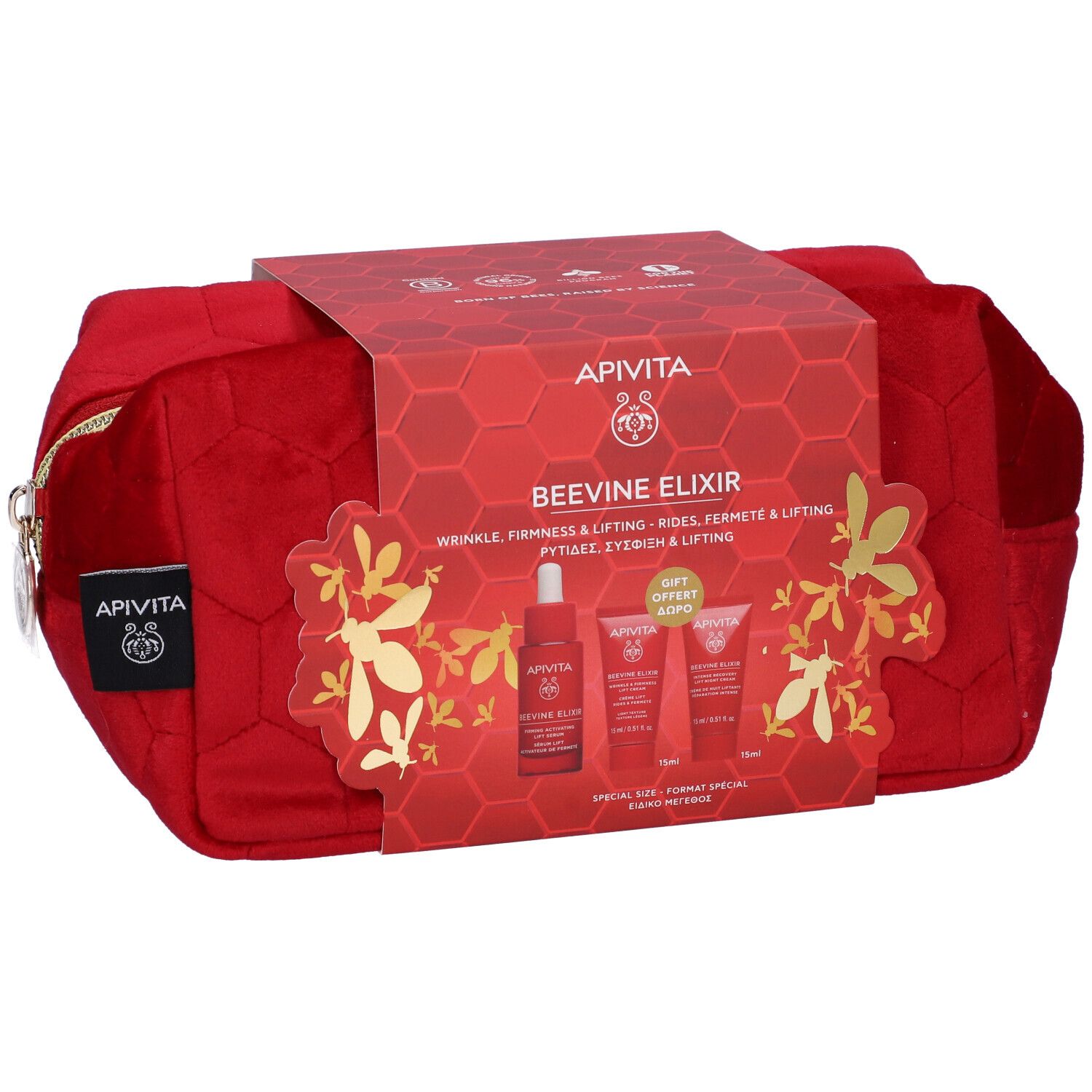 Borsetta rossa con confezione regalo. Apivita Beevine Elixir. Contiene siero, crema e crema notte.