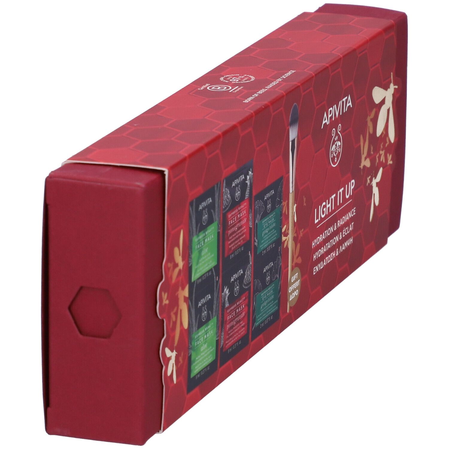 Confezione regalo rossa vista di lato. Contiene maschere viso express e un pennello applicatore.