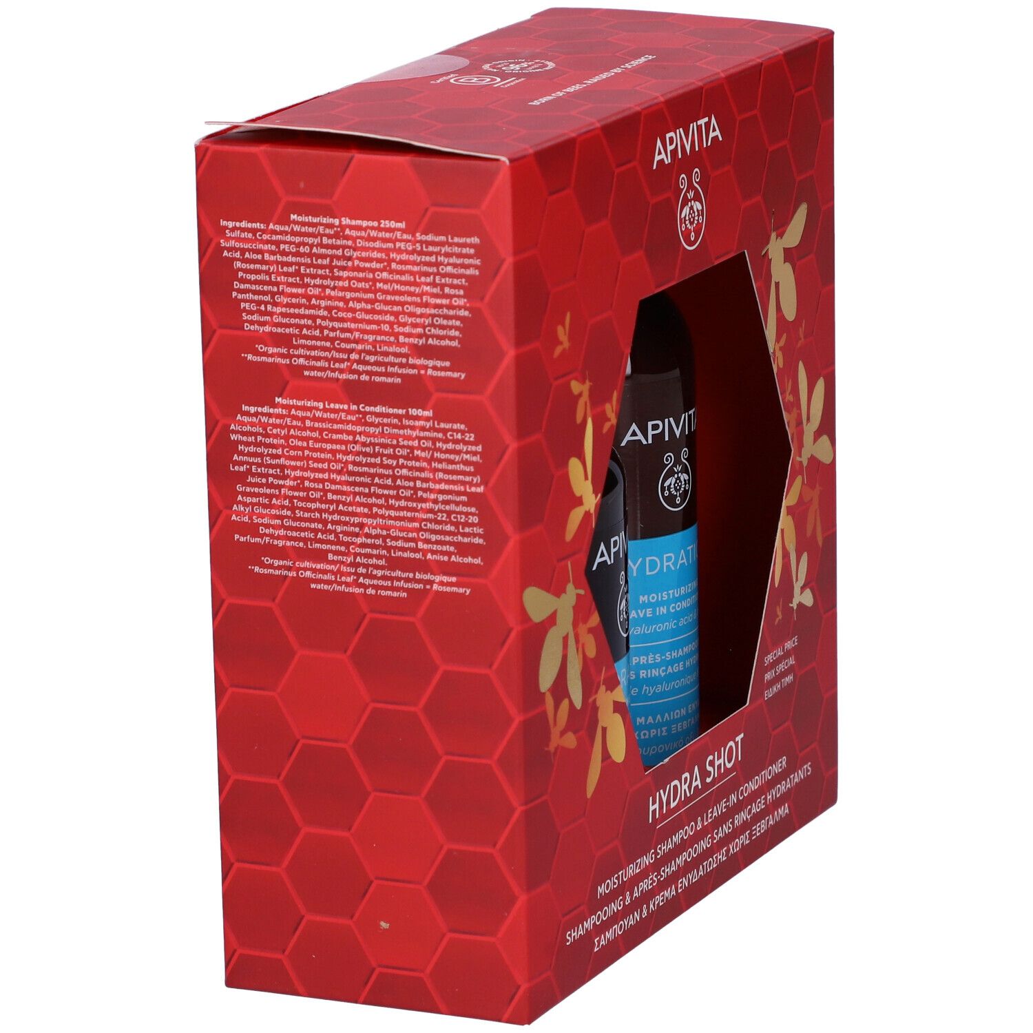 Scatola regalo rossa con shampoo e balsamo leave-in. Retro con informazioni sul prodotto e motivi a nido d'ape.