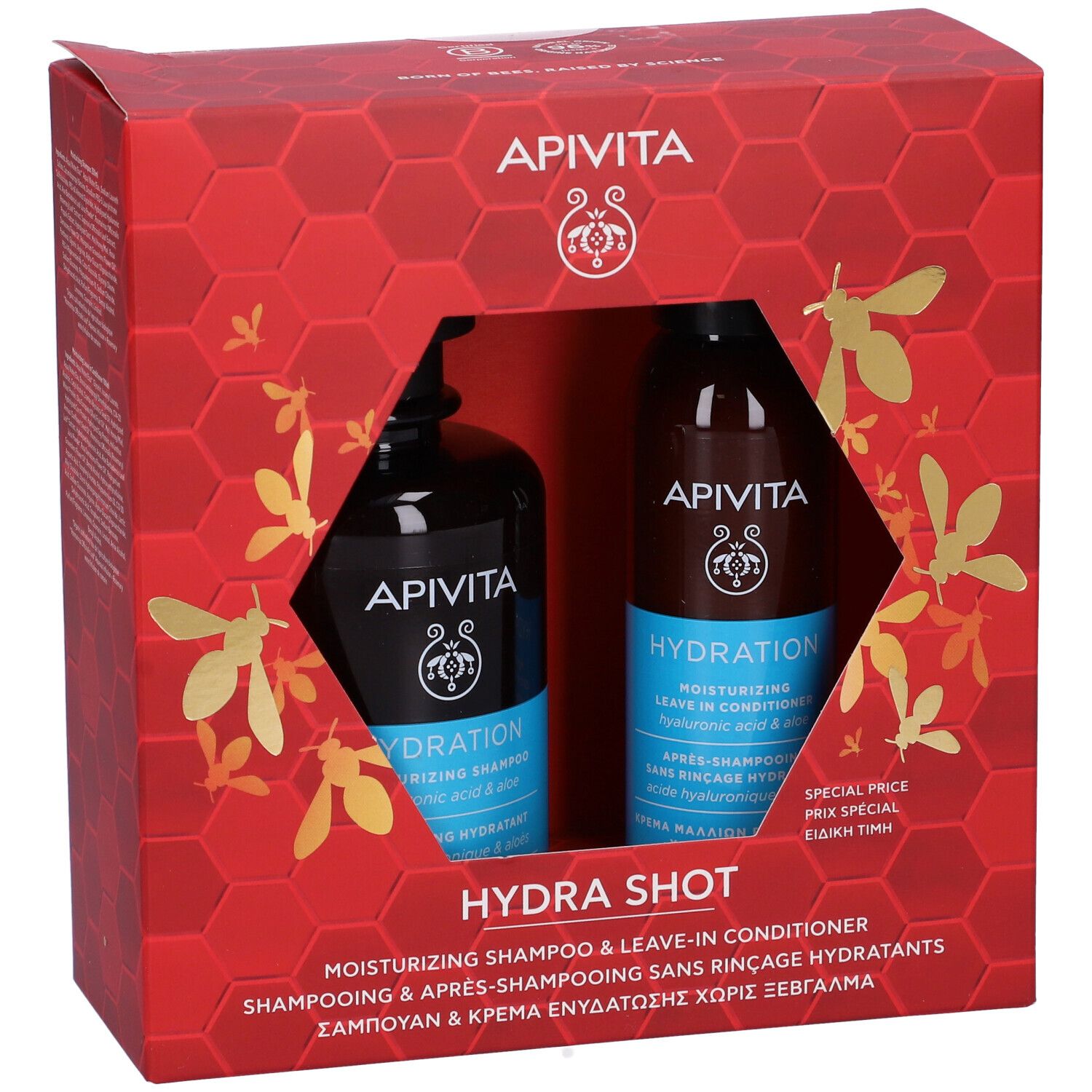 Confezione regalo con shampoo e balsamo leave-in. Confezione rossa con motivi a nido d'ape e nomi dei prodotti.