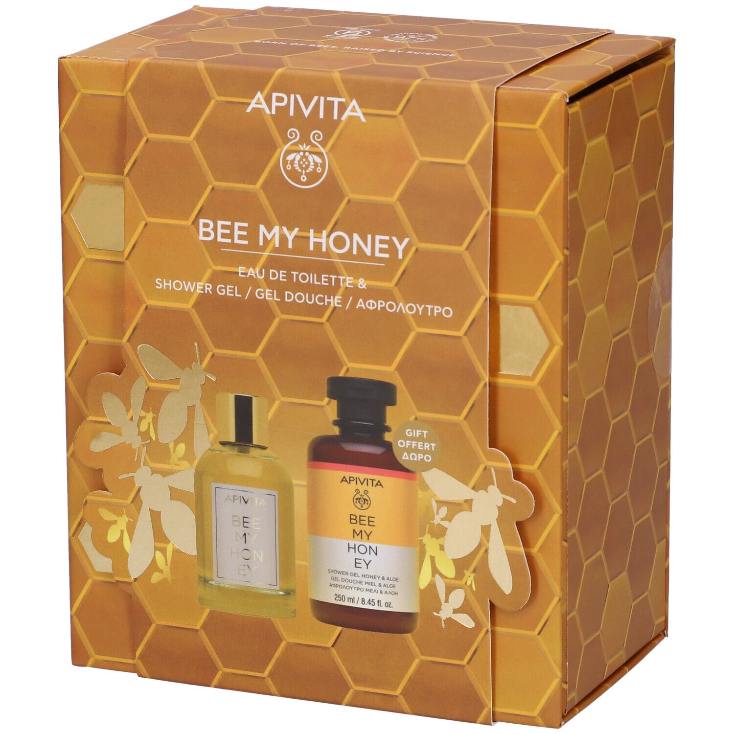 Confezione regalo con due prodotti. Scritta: Bee My Honey. Mostra una bottiglia di eau de toilette e una di gel doccia.