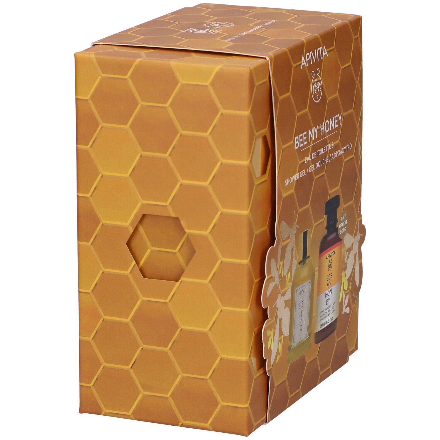 Vista laterale della confezione regalo. Motivo a nido d'ape. Scritta: Bee My Honey. Visibili le bottiglie di eau de toilette e gel doccia.