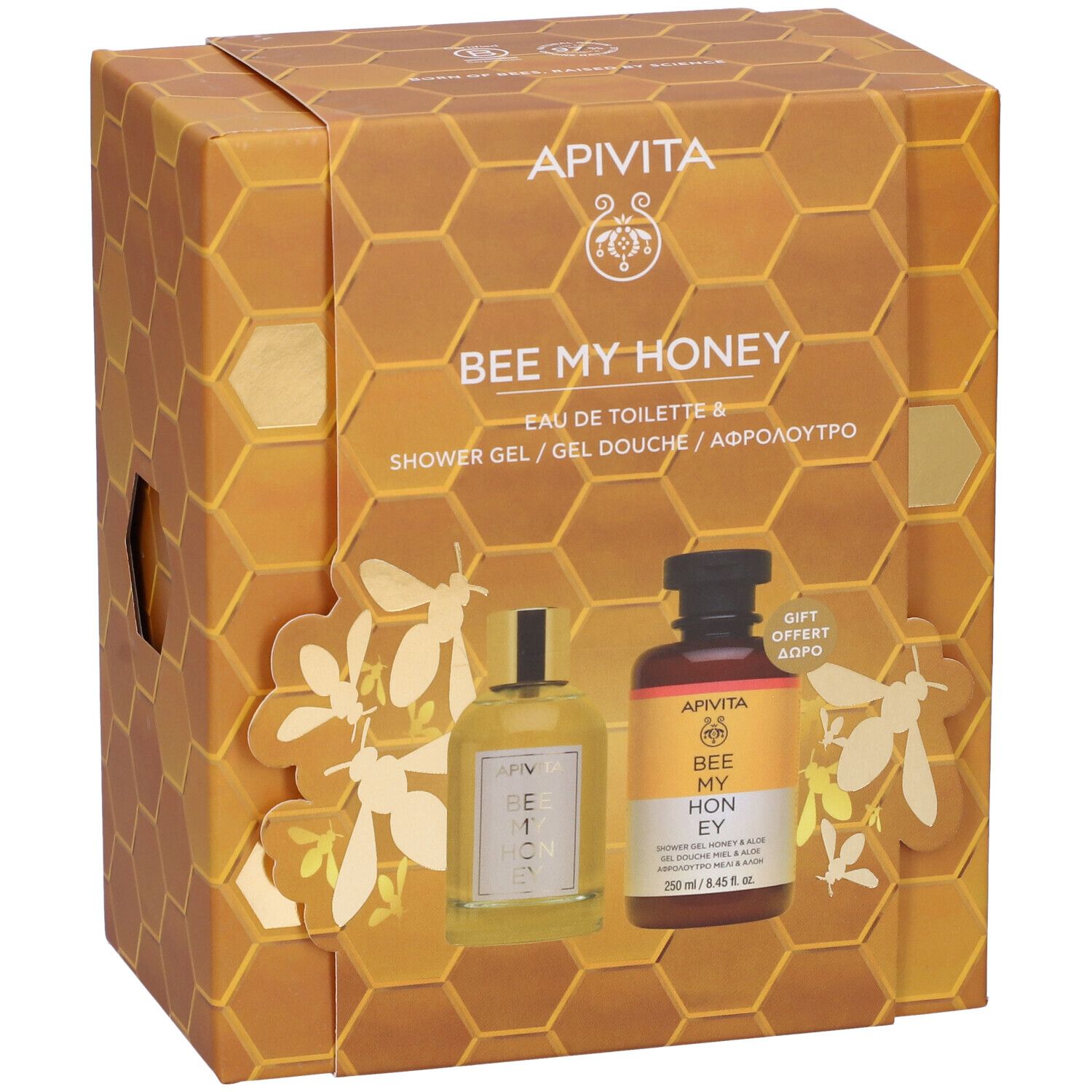 Confezione regalo con due prodotti. Scritta: Bee My Honey. Mostra una bottiglia di eau de toilette e una di gel doccia.