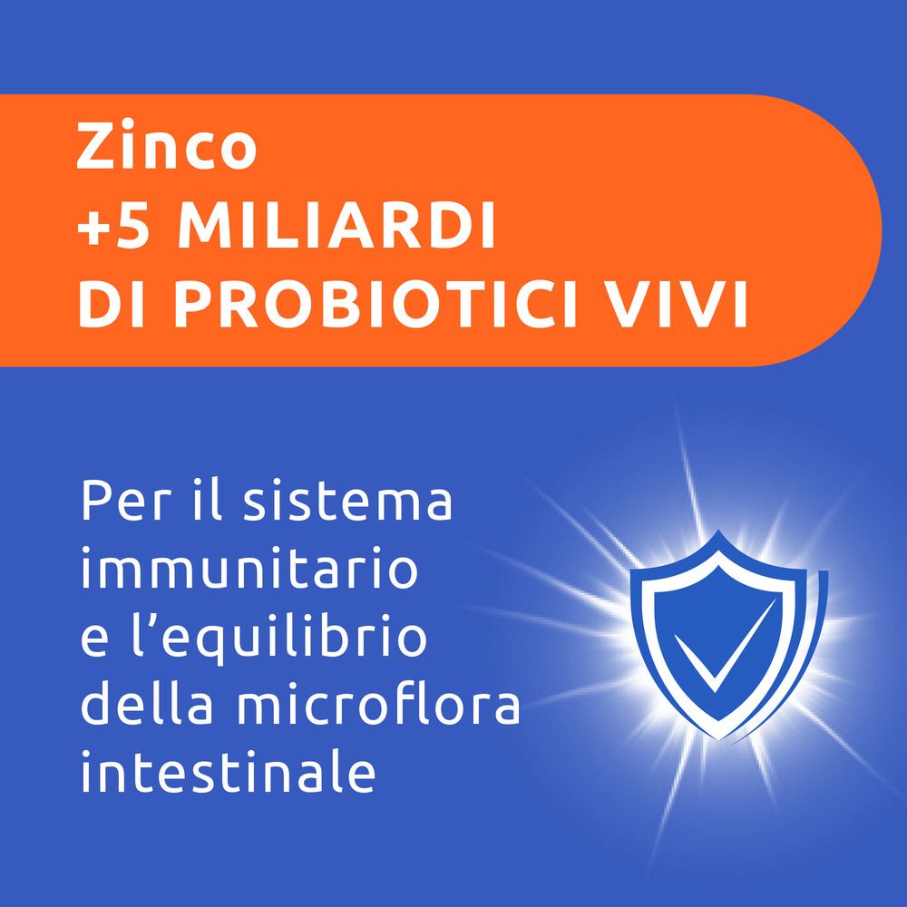 Text: Zink + 5 Milliarden lebende Probiotika. Für Immunsystem und Darmflora-Gleichgewicht.