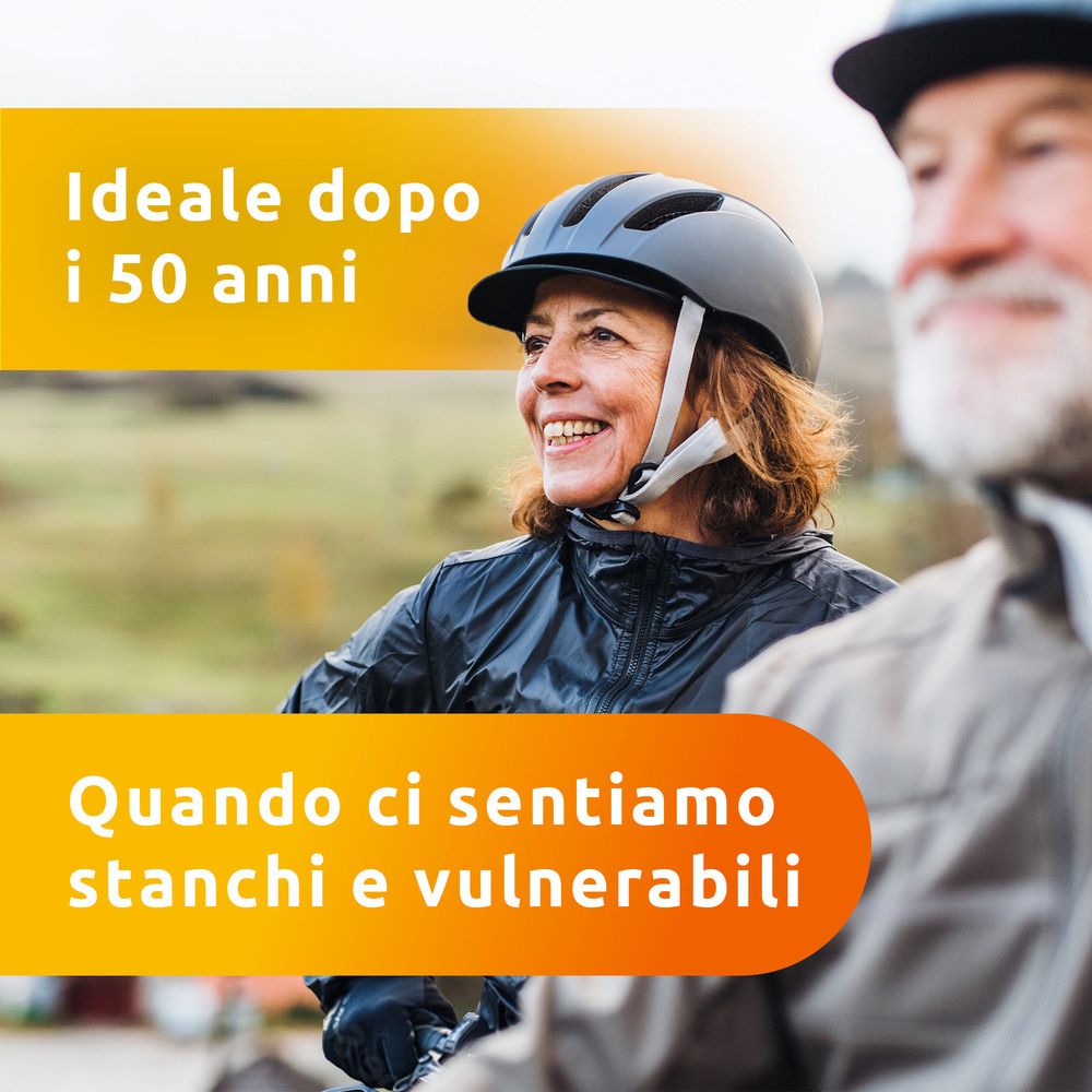 Älteres Paar beim Radfahren. Text: Ideal nach 50 Jahren. Bei Müdigkeit und Verletzlichkeit.
