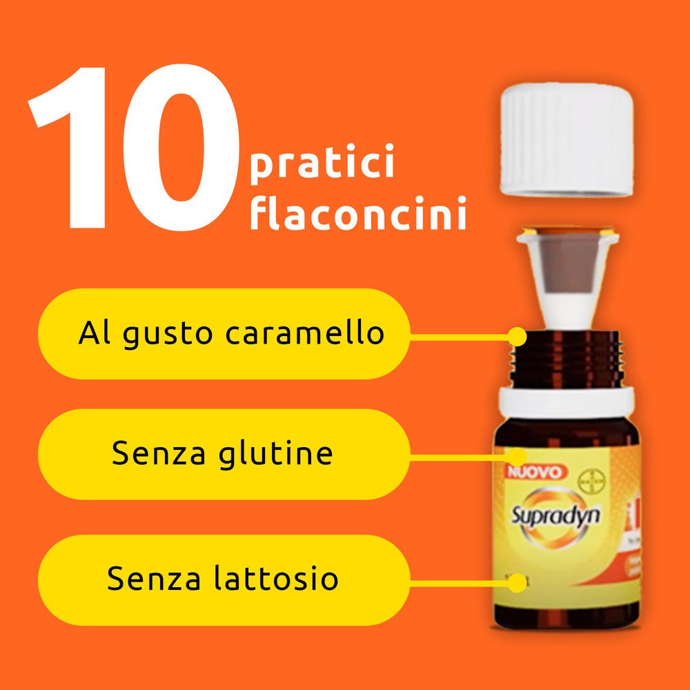 Fläschchen mit Kappe und Inhalt. Text: 10 praktische Fläschchen. Karamellgeschmack, glutenfrei, laktosefrei.