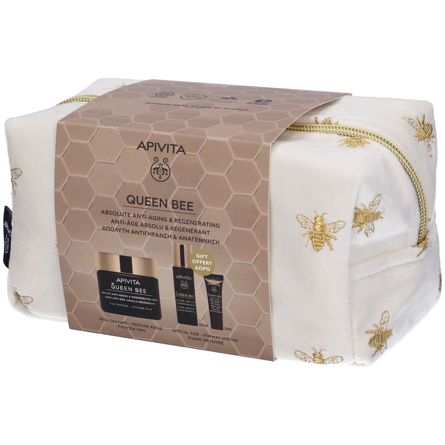 Set regalo con pochette. Pochette bianca con motivo api dorate e zip. Contiene prodotti Apivita Queen Bee.