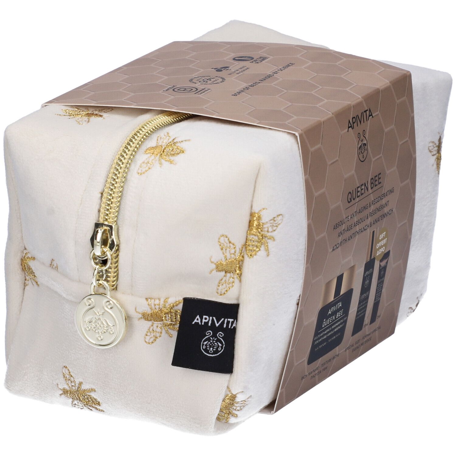 Pochette con motivo api dorate e zip. Contiene prodotti Apivita Queen Bee. Marchio sulla pochette.