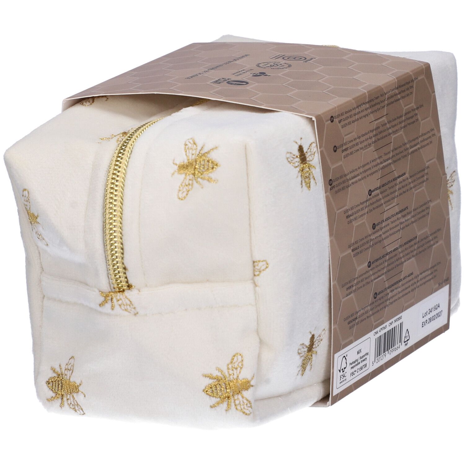 Pochette con motivo api dorate e zip. Confezione regalo con informazioni sul prodotto.