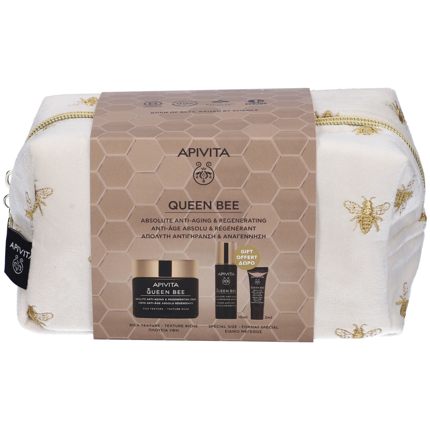 Set regalo con pochette. Contiene prodotti Apivita Queen Bee. Prodotti e confezione visibili.