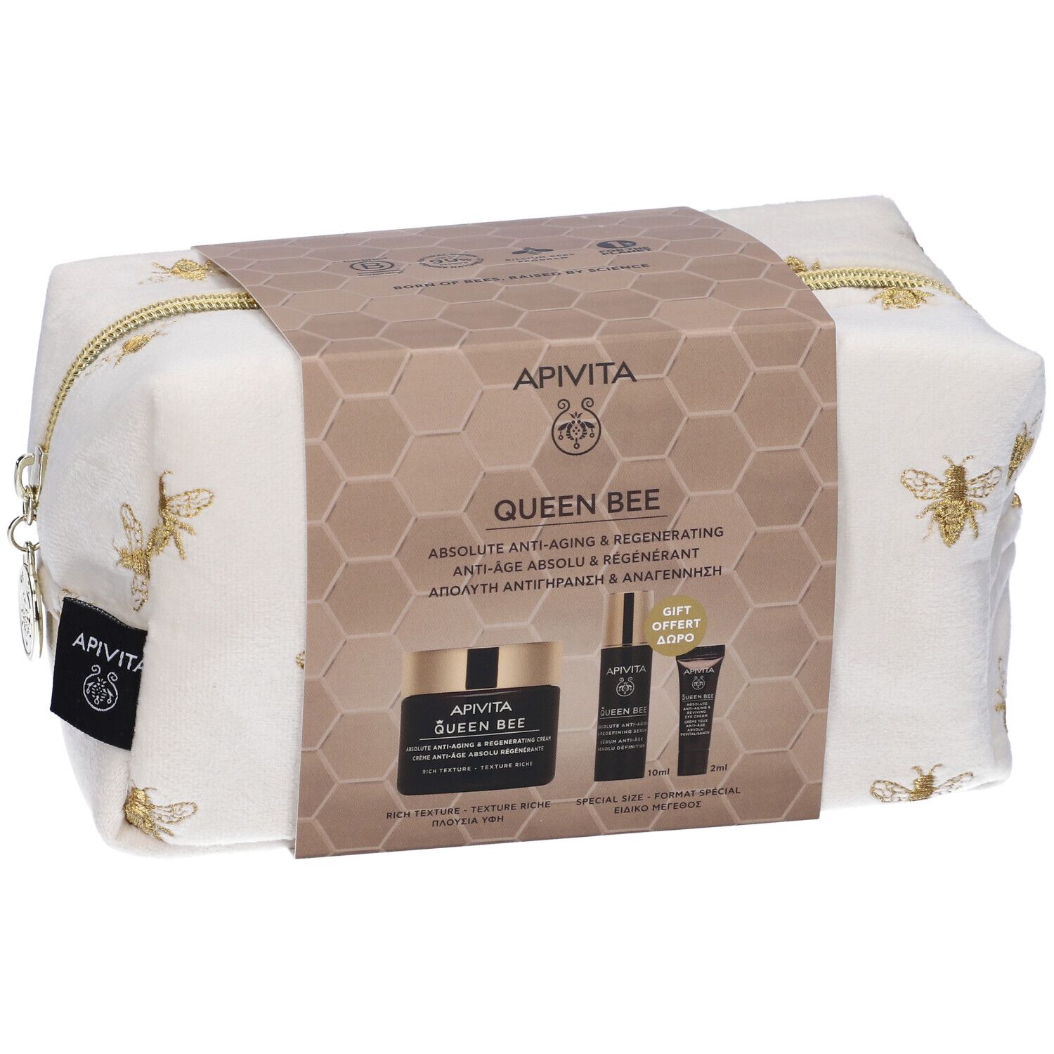 Set regalo con pochette. Contiene prodotti Apivita Queen Bee. Prodotti e confezione visibili.