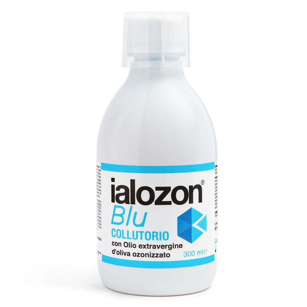 Weiße Flasche Ialozon Blu Mundwasser mit 300 ml Inhalt.