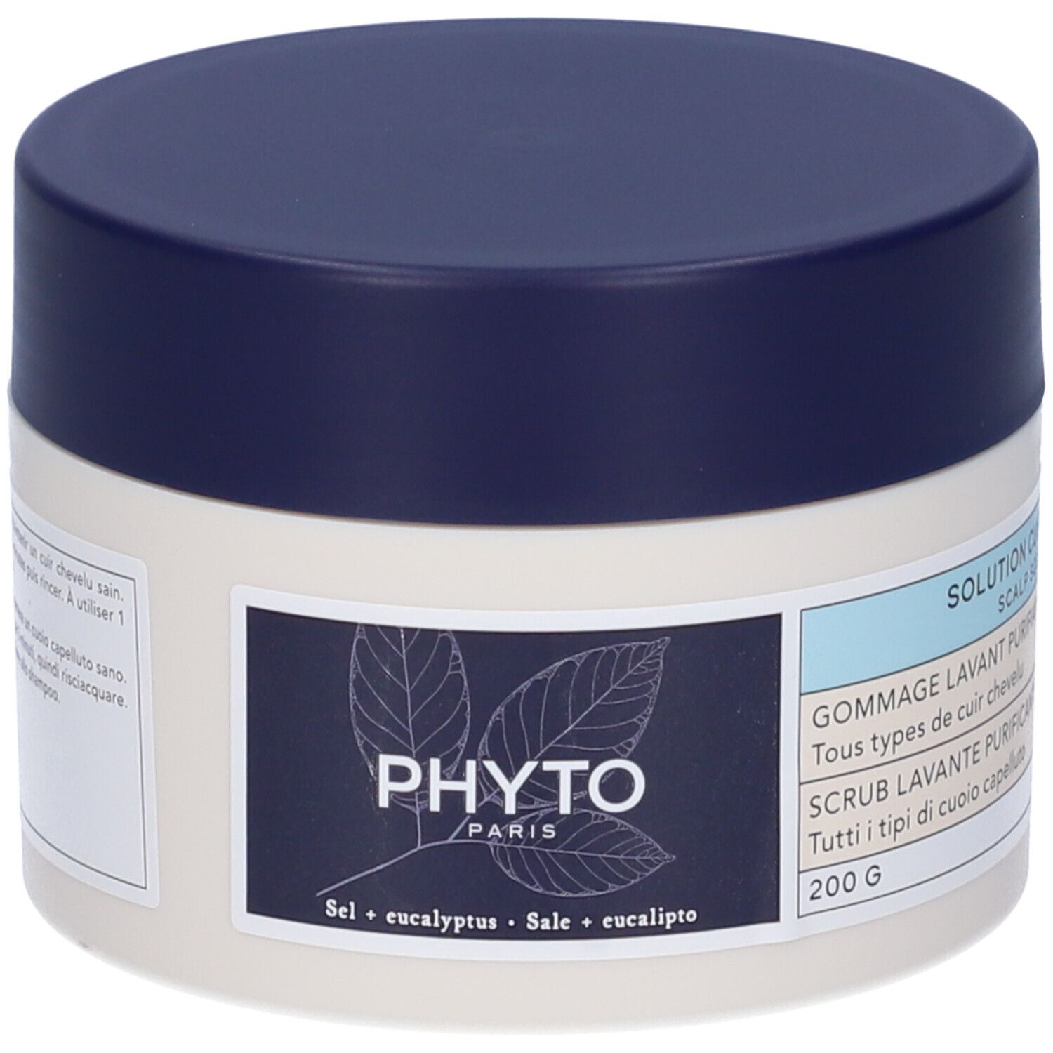 Cremebehälter mit blauem Deckel. Aufschrift: PHYTOS, Sel + eucalyptus + Sale + eucalipto. Text in Französisch und Italienisch.