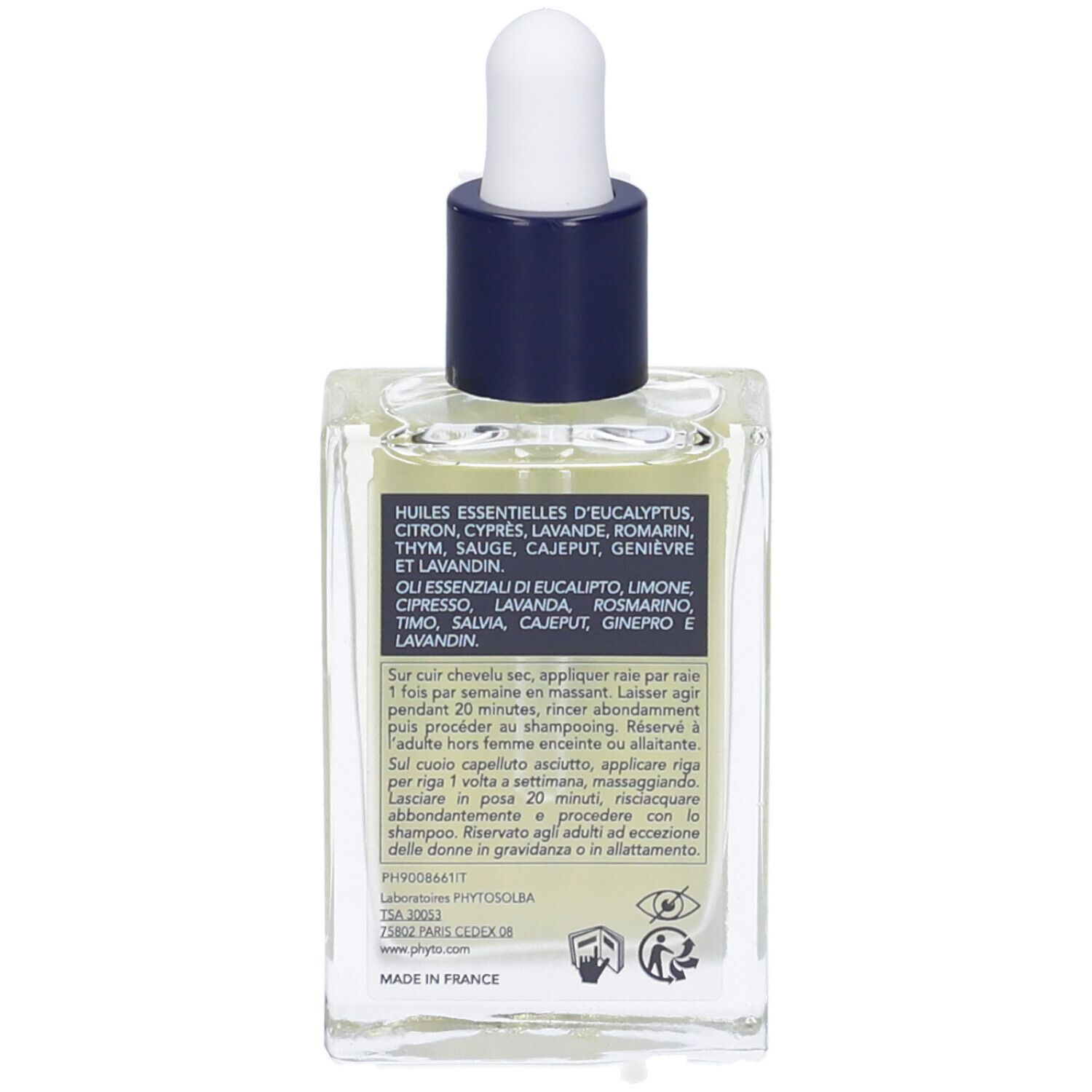 Rückseite der Glasflasche. Text in mehreren Sprachen. Auflistung ätherischer Öle. Hergestellt in Frankreich.