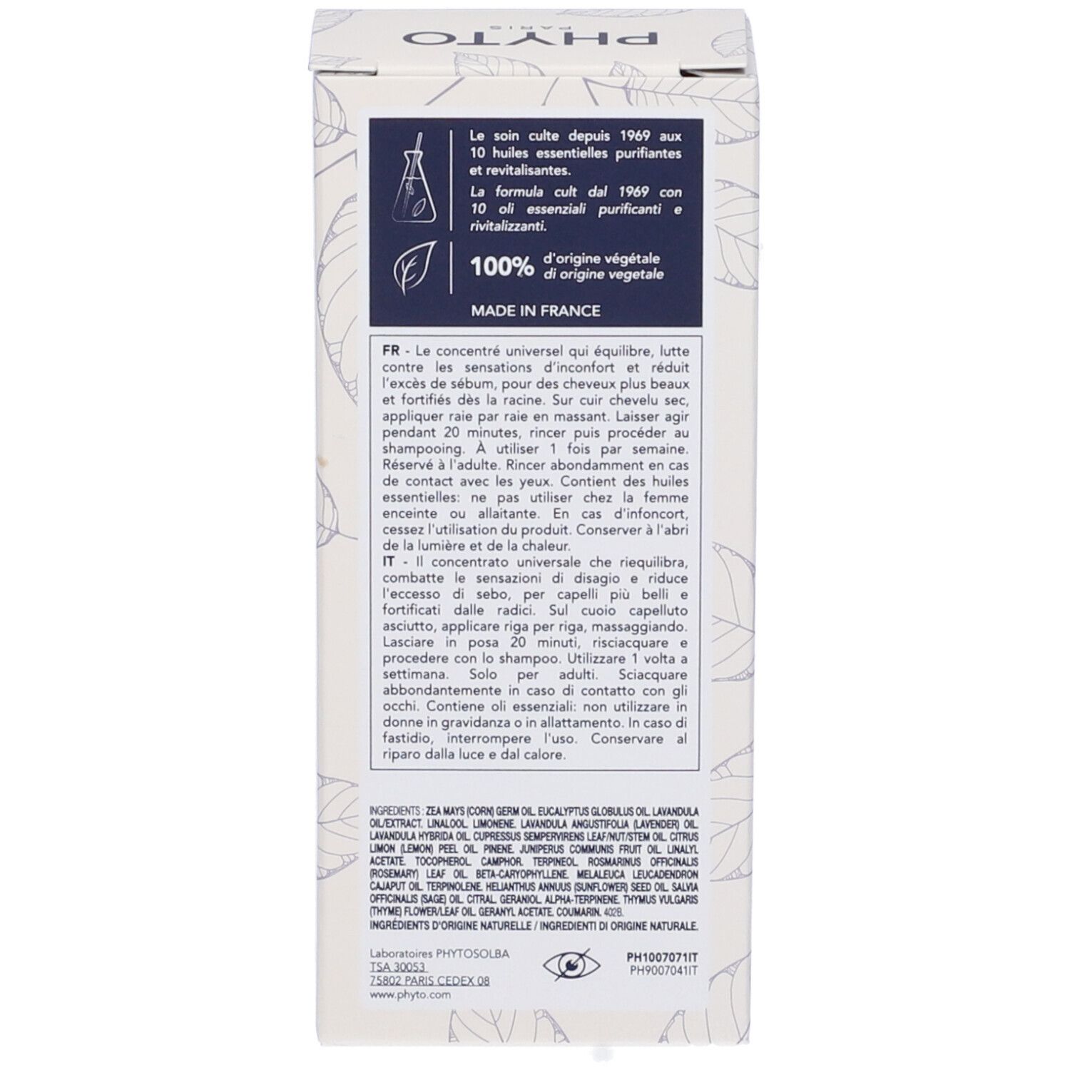 Rückseite der Verpackung. Text in mehreren Sprachen. Inhaltsstoffe und Gebrauchsanweisung. Hergestellt in Frankreich.