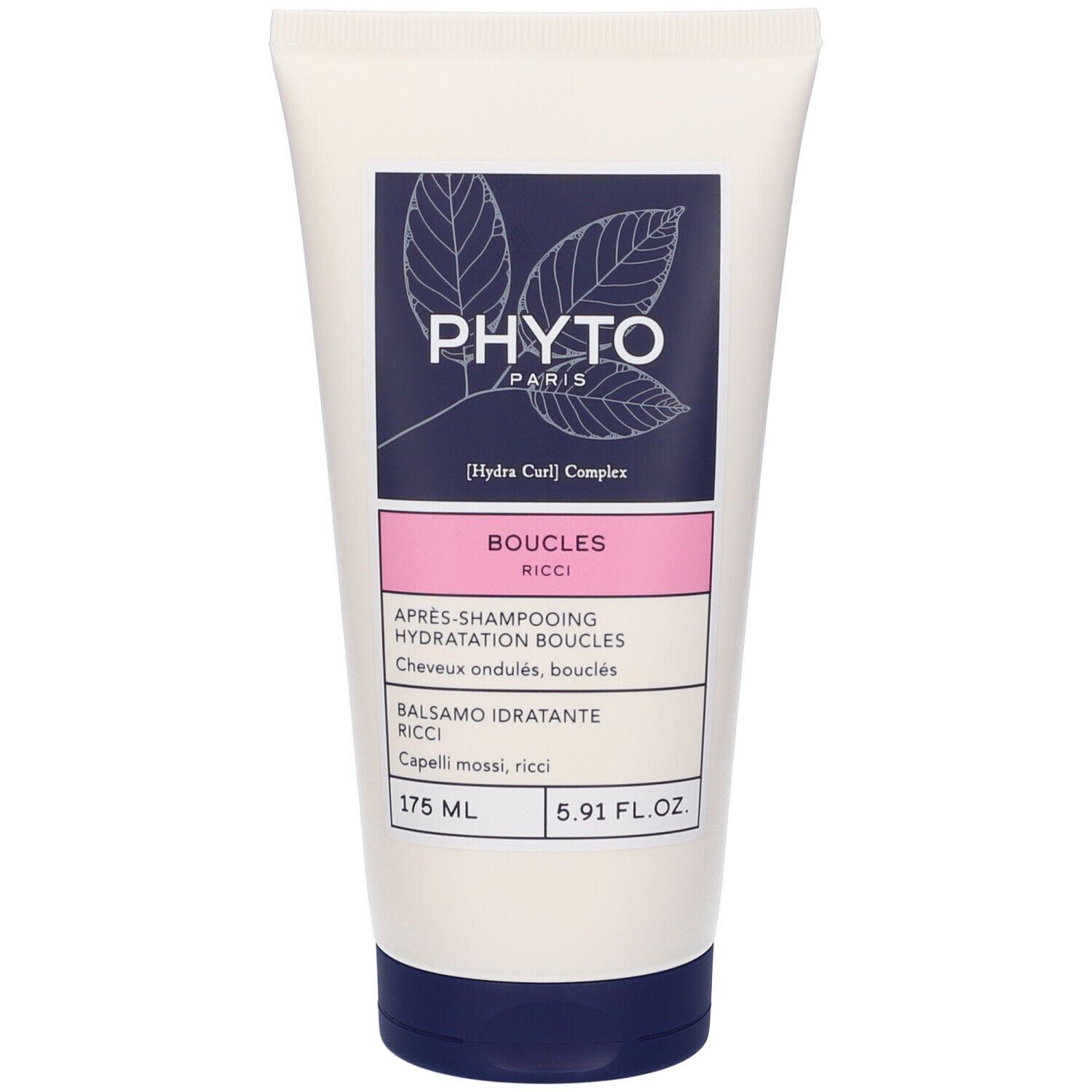 Tubo di crema con nome e logo del prodotto. Accenti rosa e blu scuro. Testo: Balsamo Definisci Ricci, 175 ml.