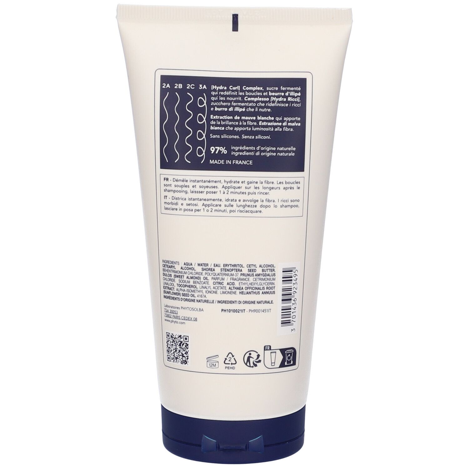 Retro del tubo di crema. Testo e ingredienti. Logo e testo: Made in France. Codice QR e simboli di riciclaggio.